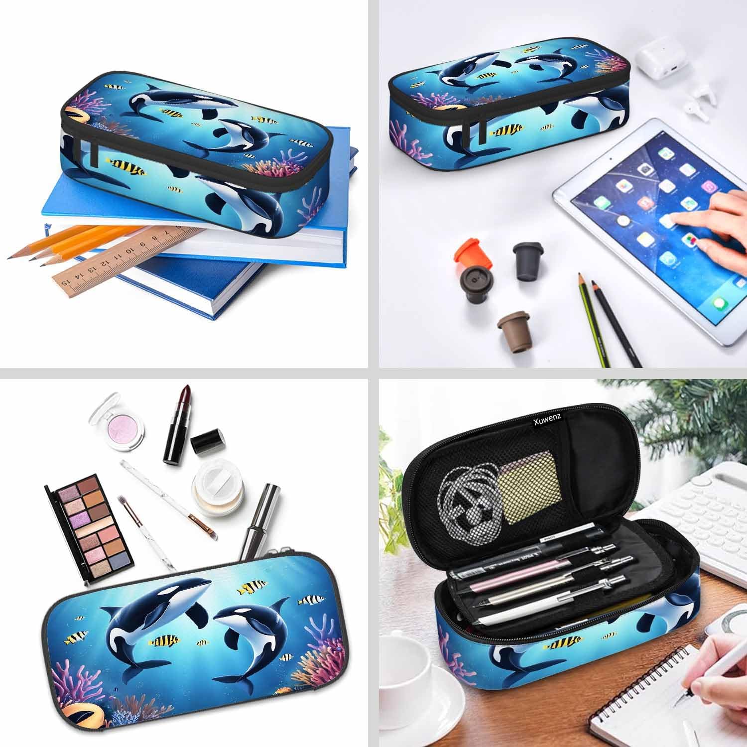 Blue Whales Pencil Case Sea Fish Dolphin Coral Reefs Tropical Fish Marine Pencil Bag Pen Markers Pouch Holder Organizer for Boy Girl School Students