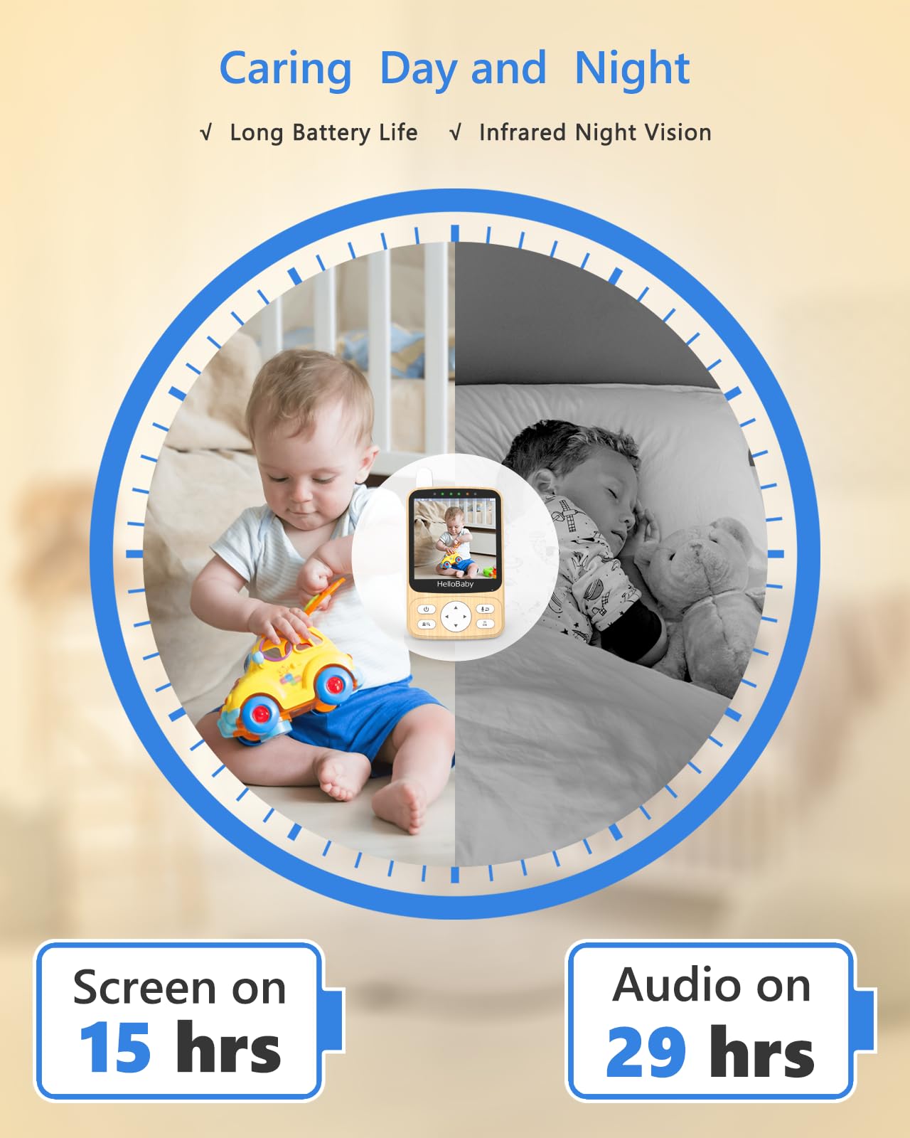 HelloBaby Babyphone Caméra sans WiFi ，Ondes PTZ 4" Vision Nocturne, Autonomie 26h (2800mAh), Portée 300m, Alerte Température and Pleurs, Montage Murale,Voyage