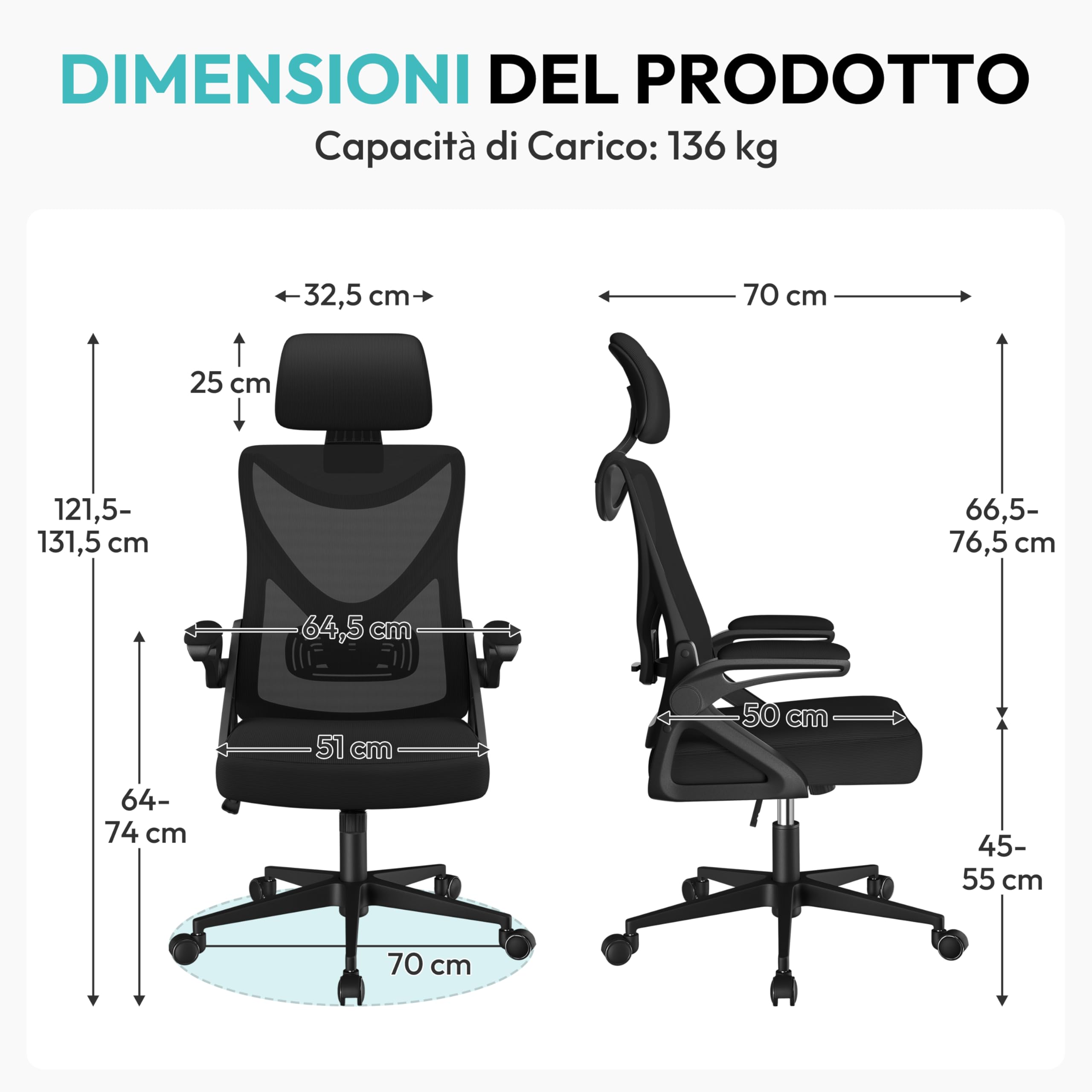 Yaheetech Sedia Ufficio Ergonomica con Braccioli Poggiatesta Regolabile Schienale Alto Funzione Dondolo Poltrona Scrivania Girevole in Rete Traspirante con Supporto Lombare Nera