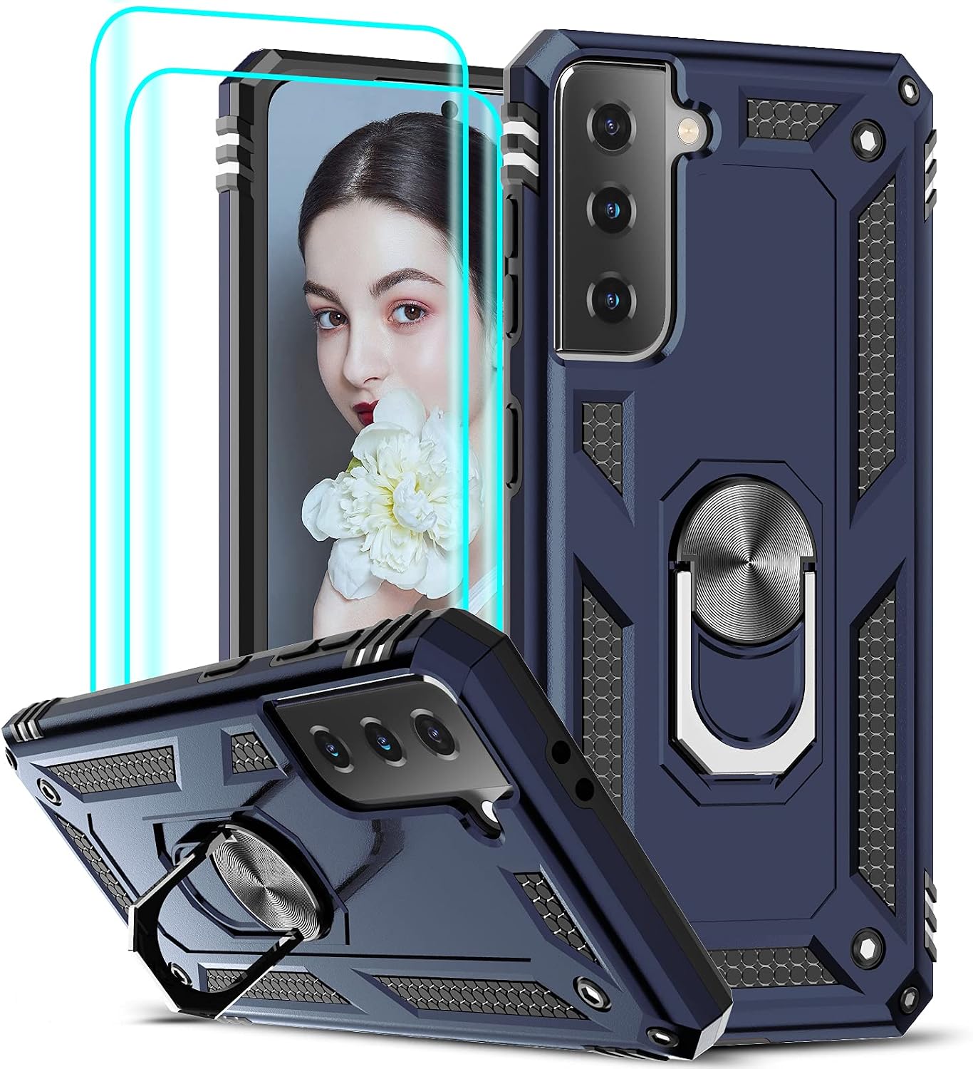 LeYi Compatible with Samsung Galaxy S21 Case 5G with [2 PCS] 3D Curved Screen Protector, [Military-Grade] Ring Holder Kickstand Protective Phone Case for Samsung S21 5G 6.2 inch (2021), Blue