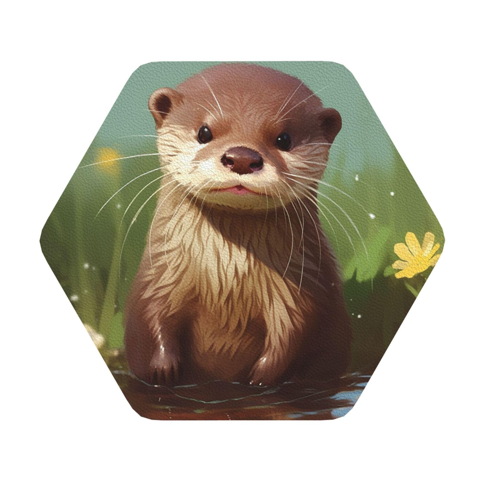 Fodpand Hexagon Cute Otter Drink Coasters Set Of 4, Heat Resistant Leather Coasters Fuuny Bar Beer Beverage Coaster For Drinks, Absorbent Cup Mat For Tabletop Protection, Housewarming Gift
