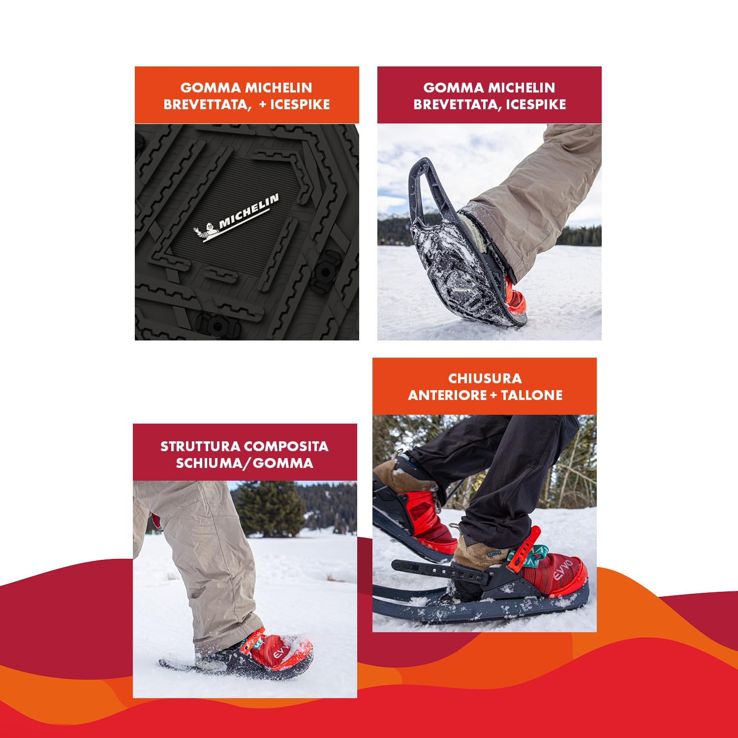 EVVO - Originale - Racchette da neve Made in France con solette con chiodi Michelin®, attacchi regolabili, per uomo e donna con borsa di trasporto inclusa, per tutti i terreni, escursioni, snowboard