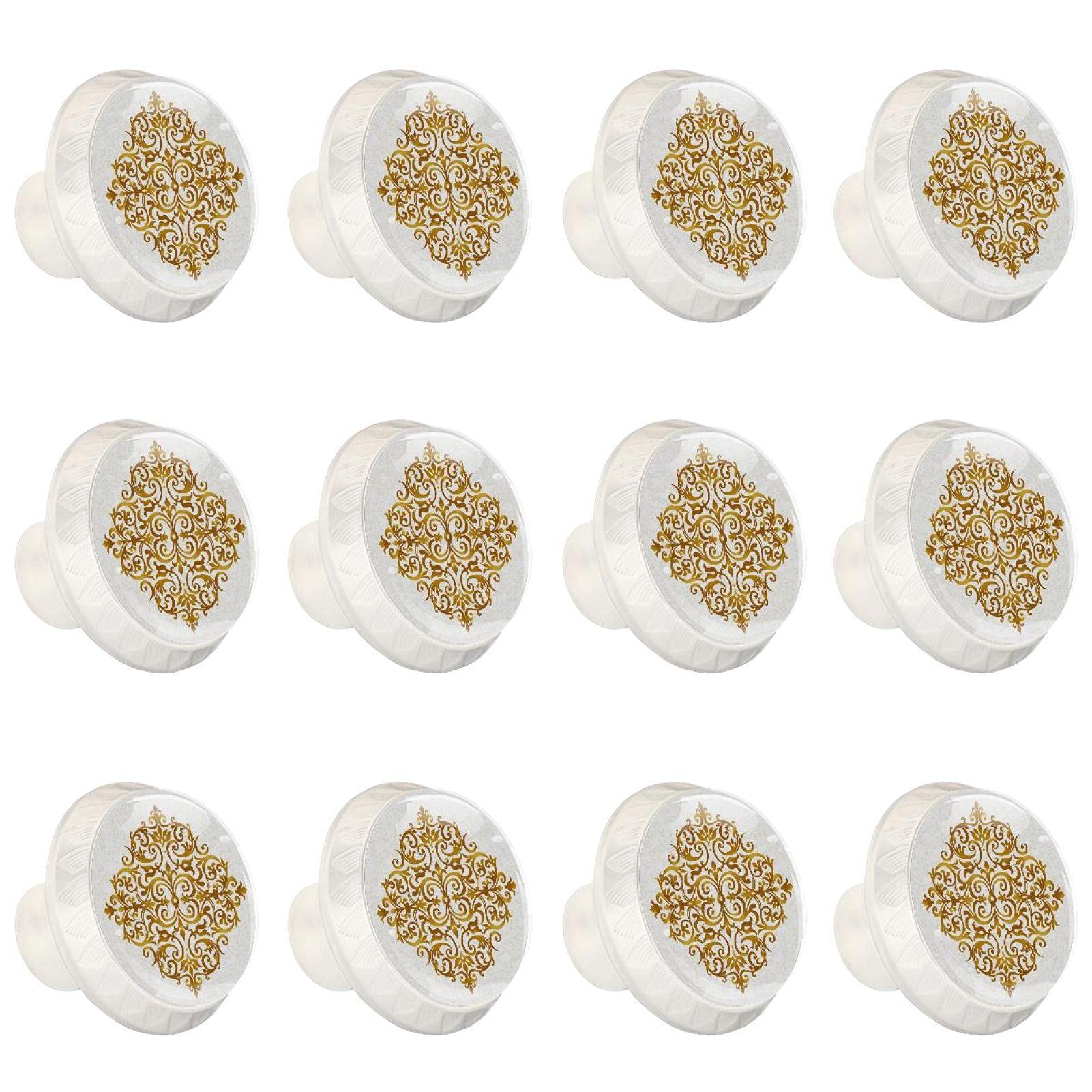 Boutons d'armoires de cuisine ronds à ligne dorée et motif floral pour tiroirs (Lot de 12)