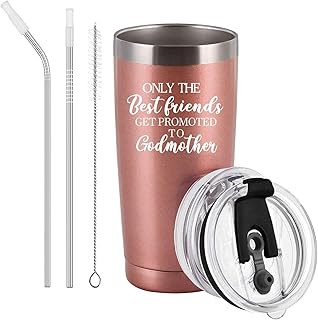 Godmother Gifts, Best Friends Get Promoted to Godmother Travel Tumbler, Christmas Baby Pregnancy Announcement Gifts for Godmother Friends, 20 Oz Stainless Steel Insulated Tumbler with Lids, Rose Gold
