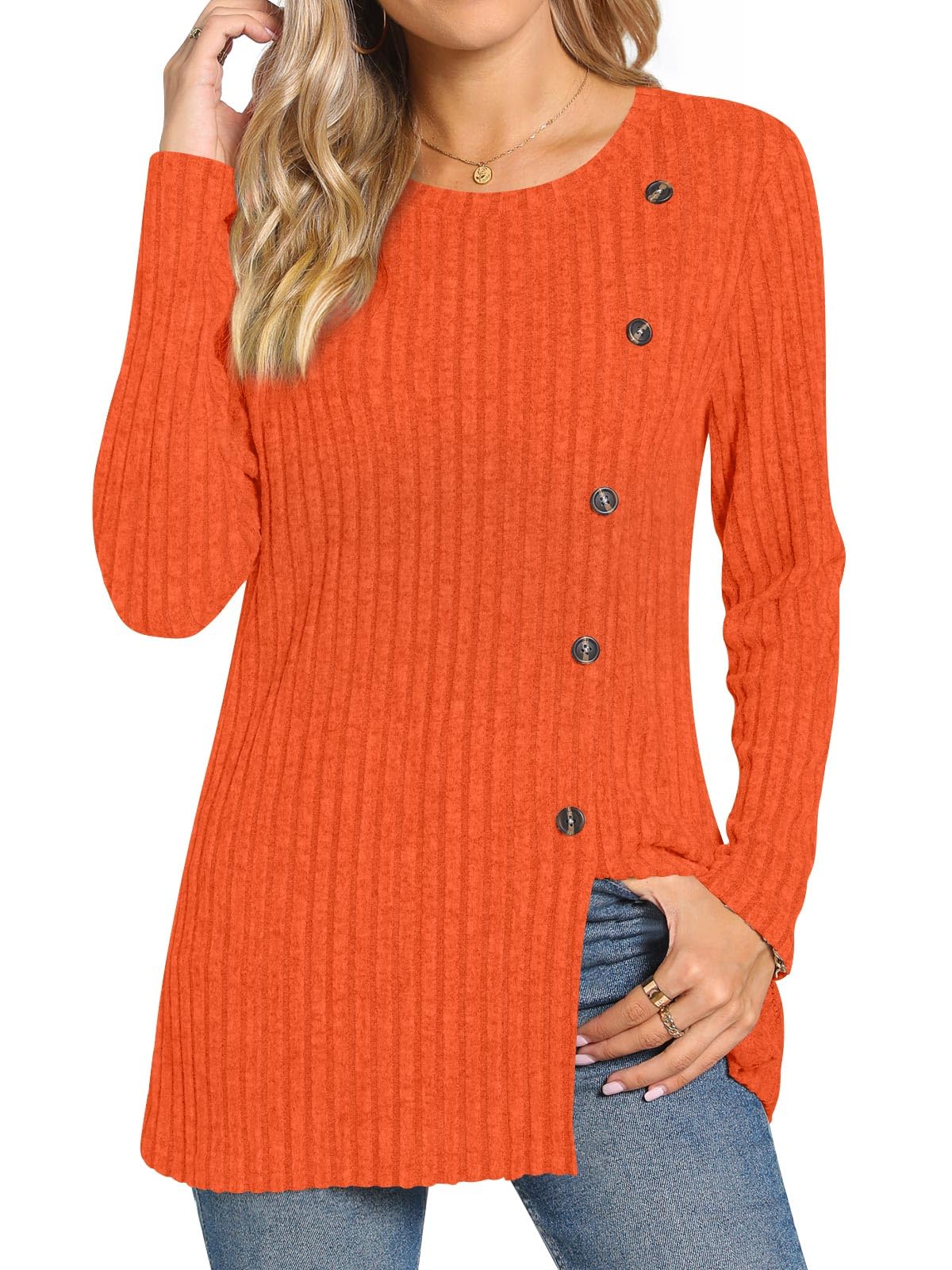 TAOHUADAOWomen's Long Sleeve Jumpers Crewneck Tunic Tops with Button Sides Loose Casual Fall Sweater Shirts for Leggings