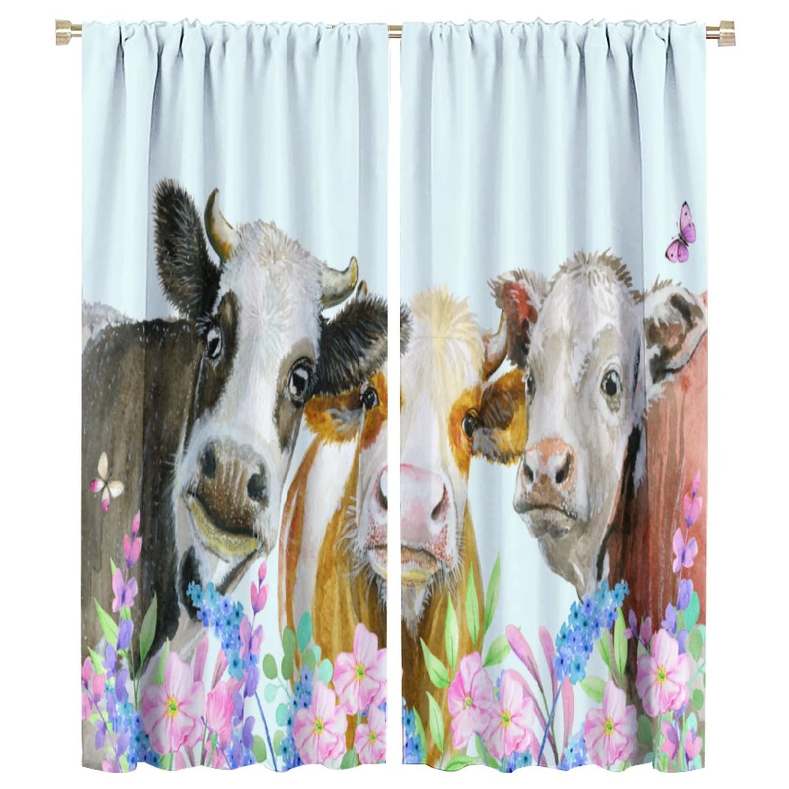 JESTRONRY Farmhouse Cow Curtains,Funny Farm Animal Cow and Flowers Print Rod Pocket Window Treatments Curtains for Living Room Bedroom Kitchen W42xL54in