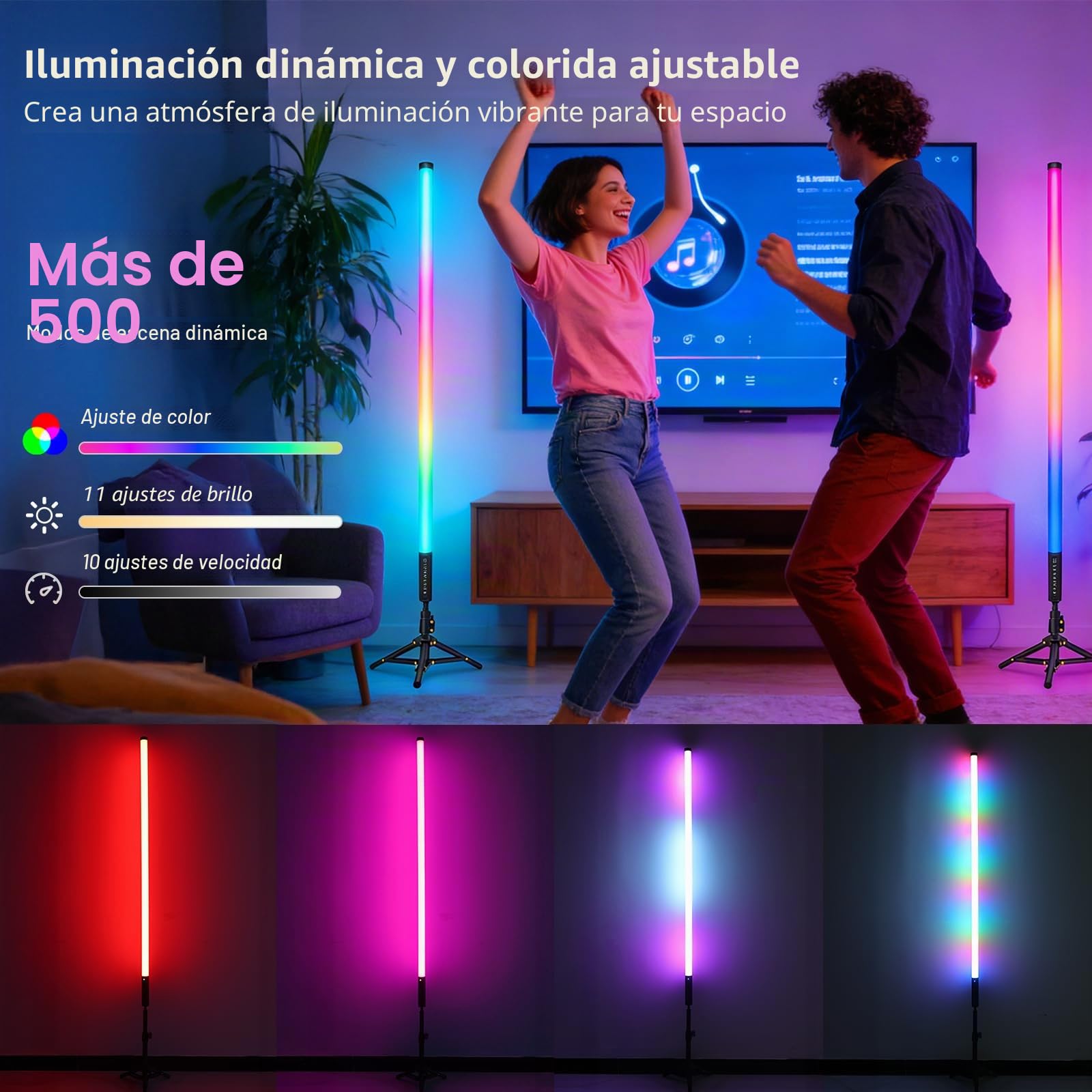 LUXCEO 2 unidades de 120 cm LED Vídeo Varilla de luz Mood1, LED de mano, regulable y memoria, batería integrada, lámpara de fotos RGB para YouTube, TikTok, transmisión de juegos, barra de fiesta