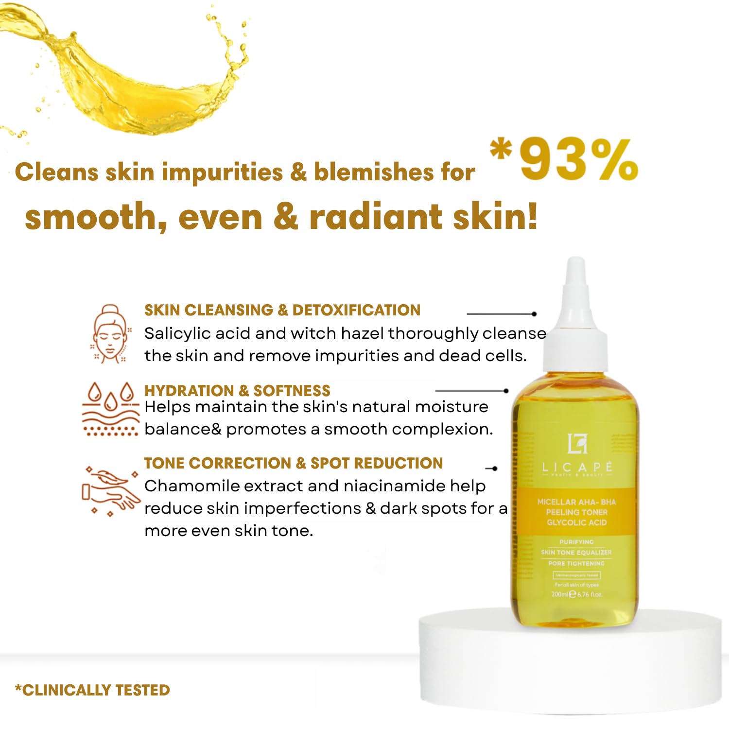 Licape Micellar Glikolik Asitli AHA-BHA Peeling Tonik – Cilt Arındırıcı, Gözenek Sıkılaştırıcı ve Cilt Tonu Eşitleyici Yüz Toniği – 200 ml