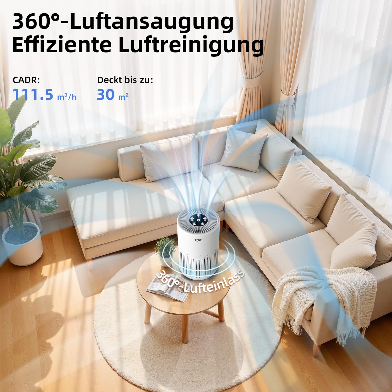 EJD Luftreiniger für Schlafzimmer und Zuhause, leiser H13 HEPA | 3-stufiger Filter, 3 Geschwindigkeiten, 12 dB Schlafmodus gegen Pollen, Staub, Tierhaare, Gerüche