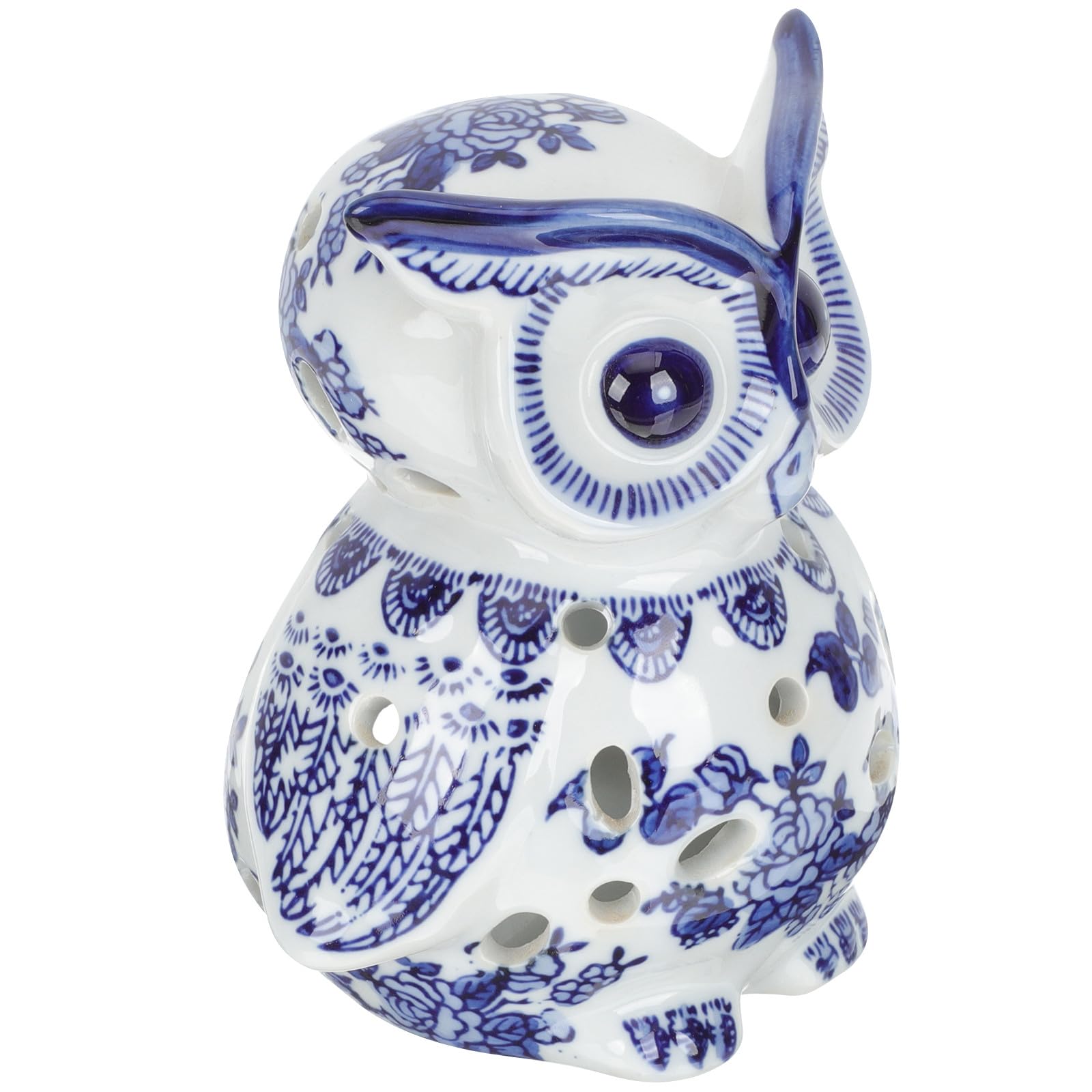 Chandelier hibou en céramique chinoise de style traditionnel bleu et blanc