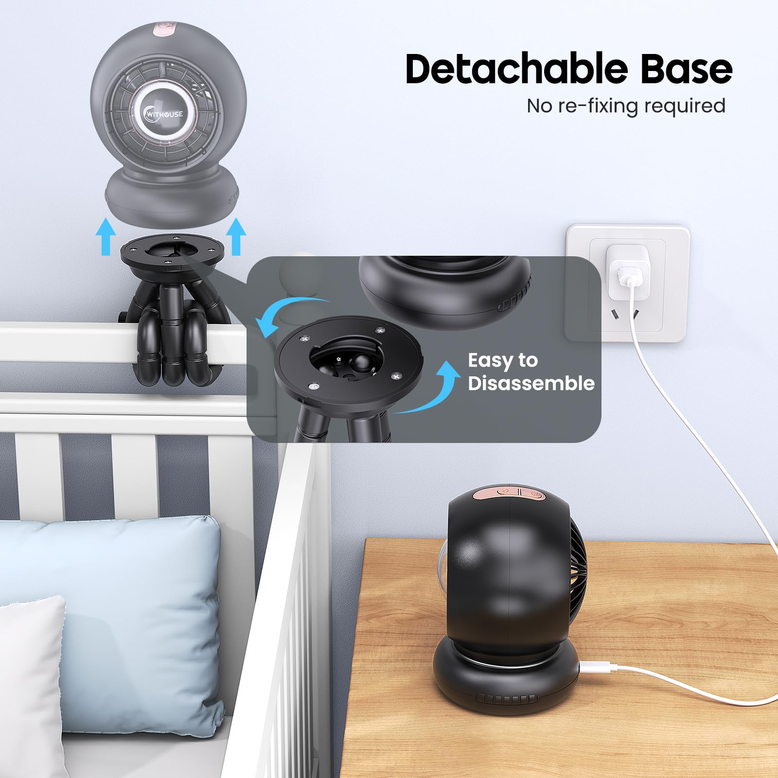 Ventilateur de poussette, ventilateurs de poussette à piles, ventilateurs rechargeables de 8000 mAh, ventilateur portable à oscillation automatique de 75°, autonomie de 5 à 12 heures, vent à