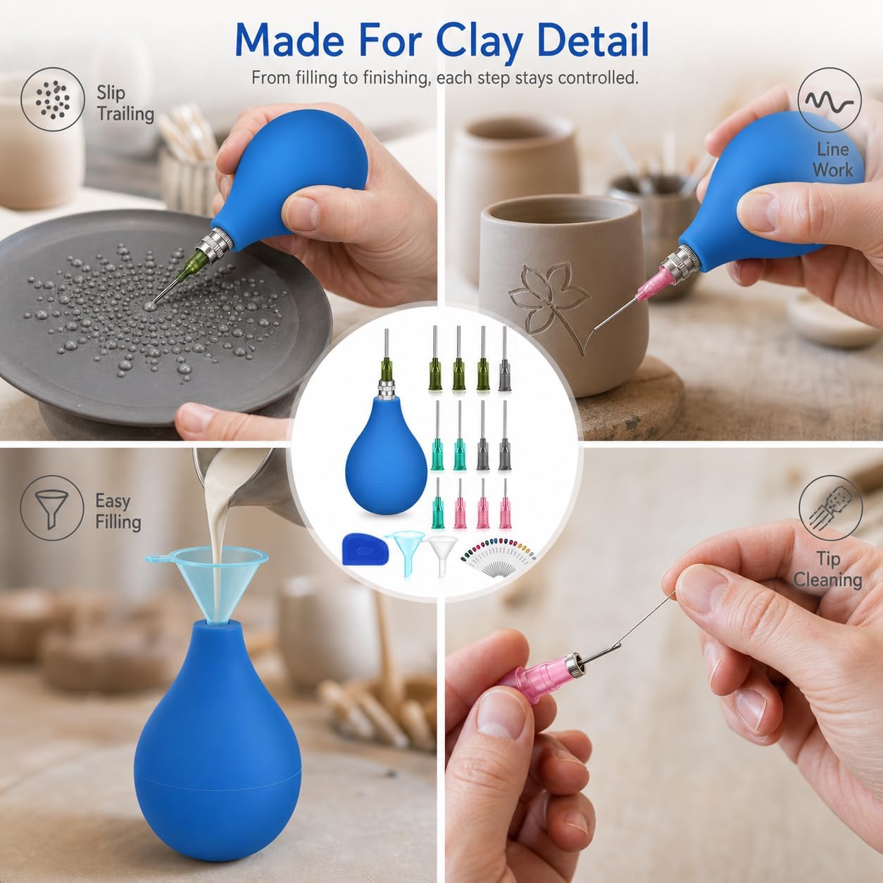 QWORK 34 Pcs Pottery Tools Ceramic Precision Applicator Slip Trailing Bottle - 3 Ounce Squeeze Bulb Set with 4 Size Needles for Glazing, Clay Painting - Ceramic Art Decorating Kit