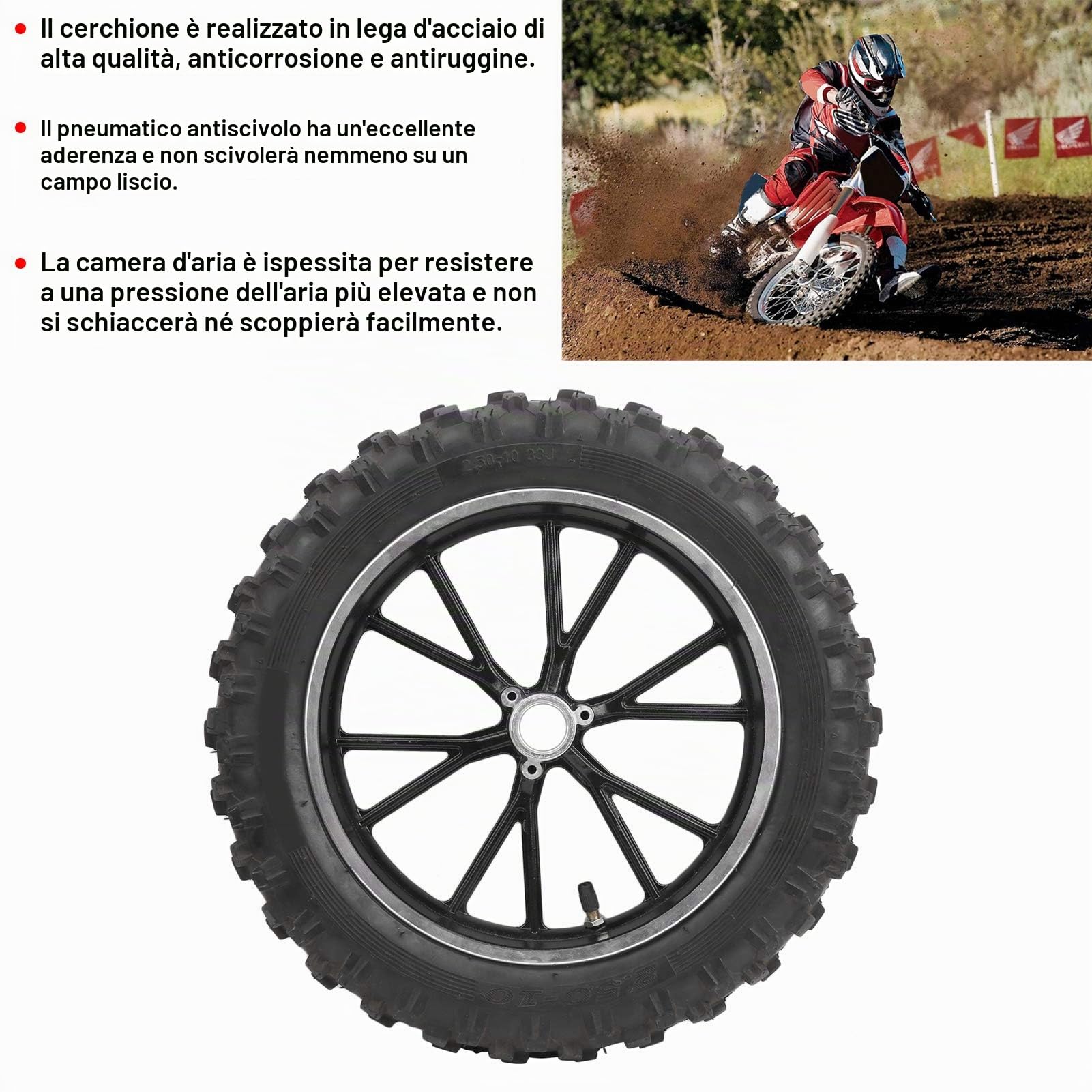 Pneumatico Antiscivolo da 2,50-10 Pollici, Cerchio in Lega di Acciaio di Alta qualità, Installazione Semplice, Adatto per PIT PRO Trail Dirt Bike Thumpstar RIM 12MM/0,5 Pollici