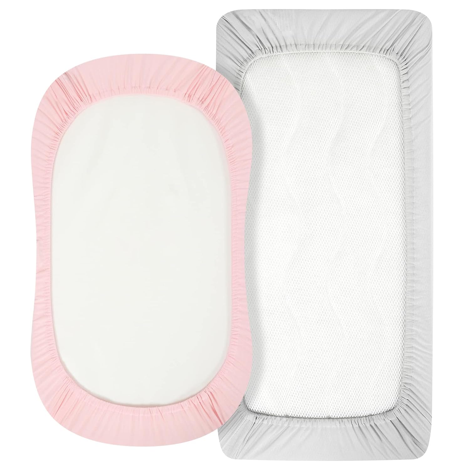 TILLYOU Baby Bassinet Sheets for Girls Boys 2 Pack Baby Sheets for Square Rectangle Oval Bassinet Mattress 33X16 Inch, Gray and Pink