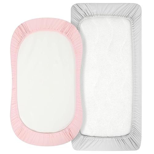 Miniatura 3 de TILLYOU Set de 2 sábanas de punto de jersey para moisés, 32x16, flexibles para distintos colchones de cuna y moisés, muy suaves, transpirables,