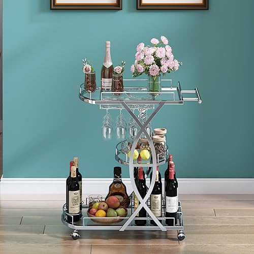Miniatura 9 de HOMYSHOPY Carrito de servicio de bar con soporte para vidrio y estante para vino, carrito de cocina de 3 niveles con estantes de vidrio templado y