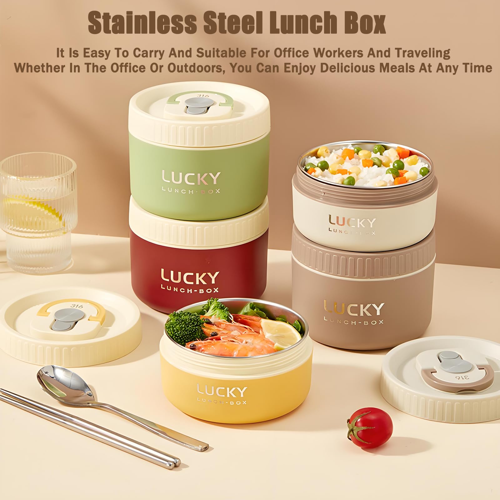 Lonchera de acero inoxidable, caja bento aislada de 3 niveles, apta para microondas, cuenco de sopa para adultos, recipiente térmico para trabajadores de oficina (marrón, 2 piezas + vajilla +