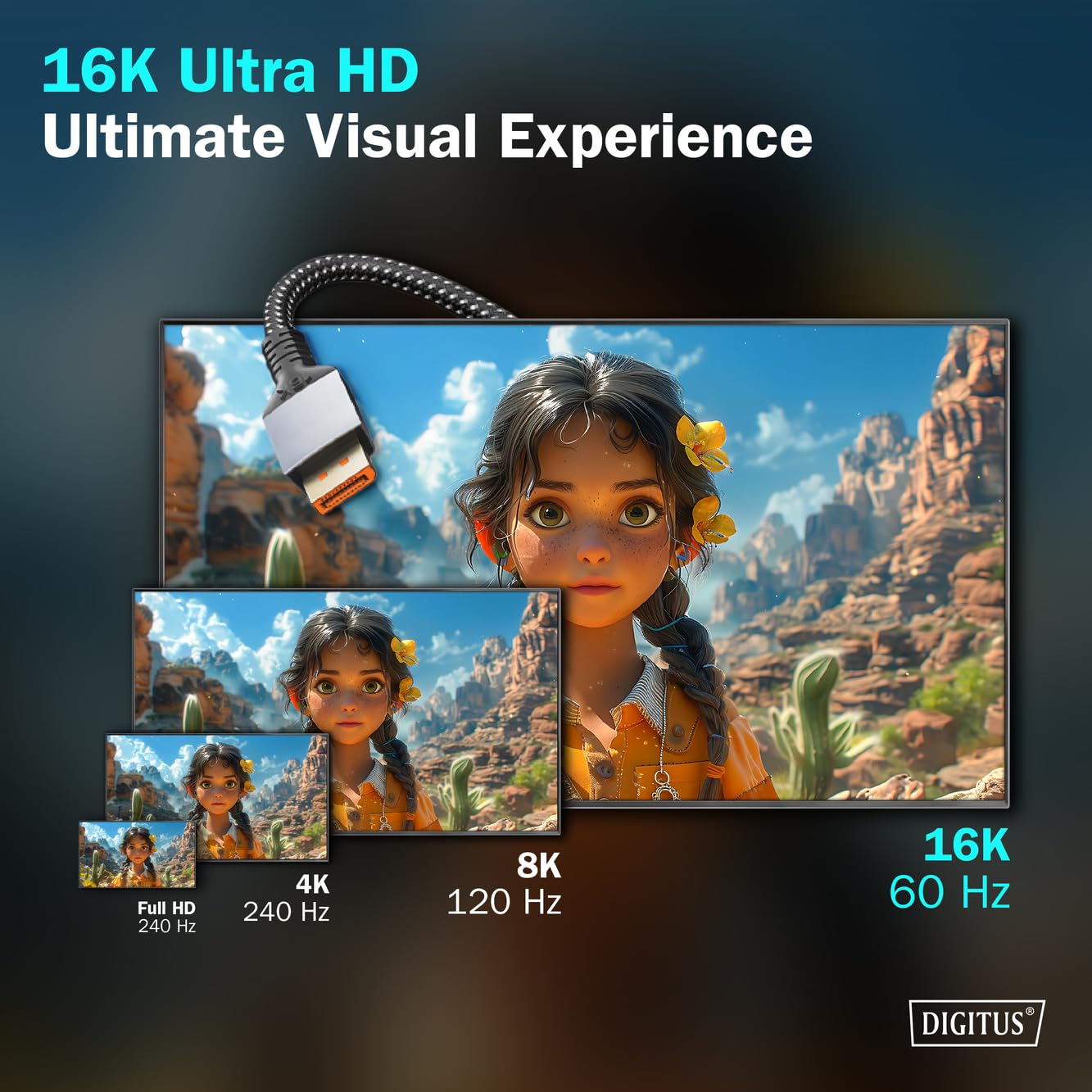 DIGITUS Displayport Cable - 1 m - Displayport 2.1-16k/60Hz - 8k/120Hz - 4k/240Hz - UHD - VESA UHBR20 - HDR, HDR10, HDCP - Compatible with Gaming Monitors and Graphics Cards - Black