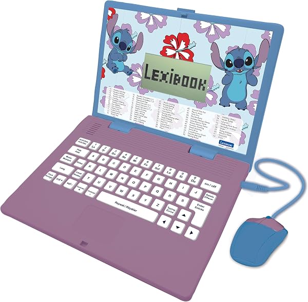 Primer plano del ordenador educativo Lexibook Stitch, mostrando su diseño con el personaje de Disney y su interfaz de teclado y ratón.