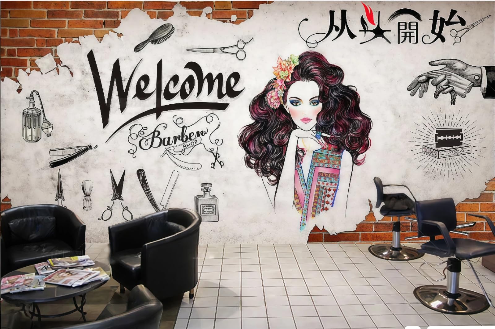 Xdoubao 3D Wallpaper Nostalgic Retro Brick Wall Hand-Painted Beauty Club Hairdresser Shopping Mall Coffee Shop Background Mural Western Restaurant Wallpaper,,150X105cm