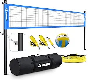 Patiassy Portable Professional Outdoor Volleyball Net Set with Adjustable Height Aluminum Poles, Winch System, Volleyball with Pump and Carrying Bag for Backyard Beach