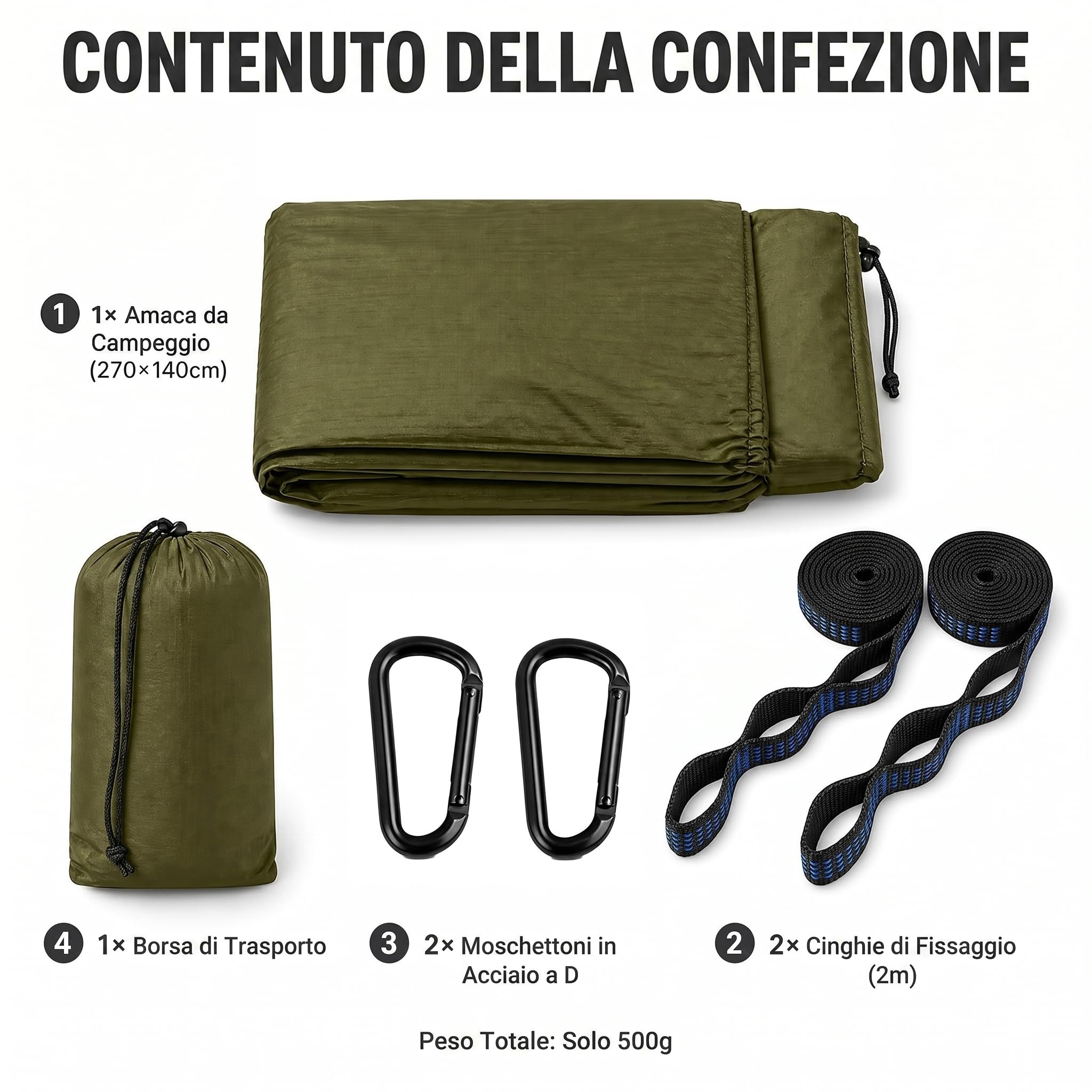Amaca Doppia Ultraleggera Verde Militare 300 kg per Esterno Campeggio con Cinghie e Anelli a D