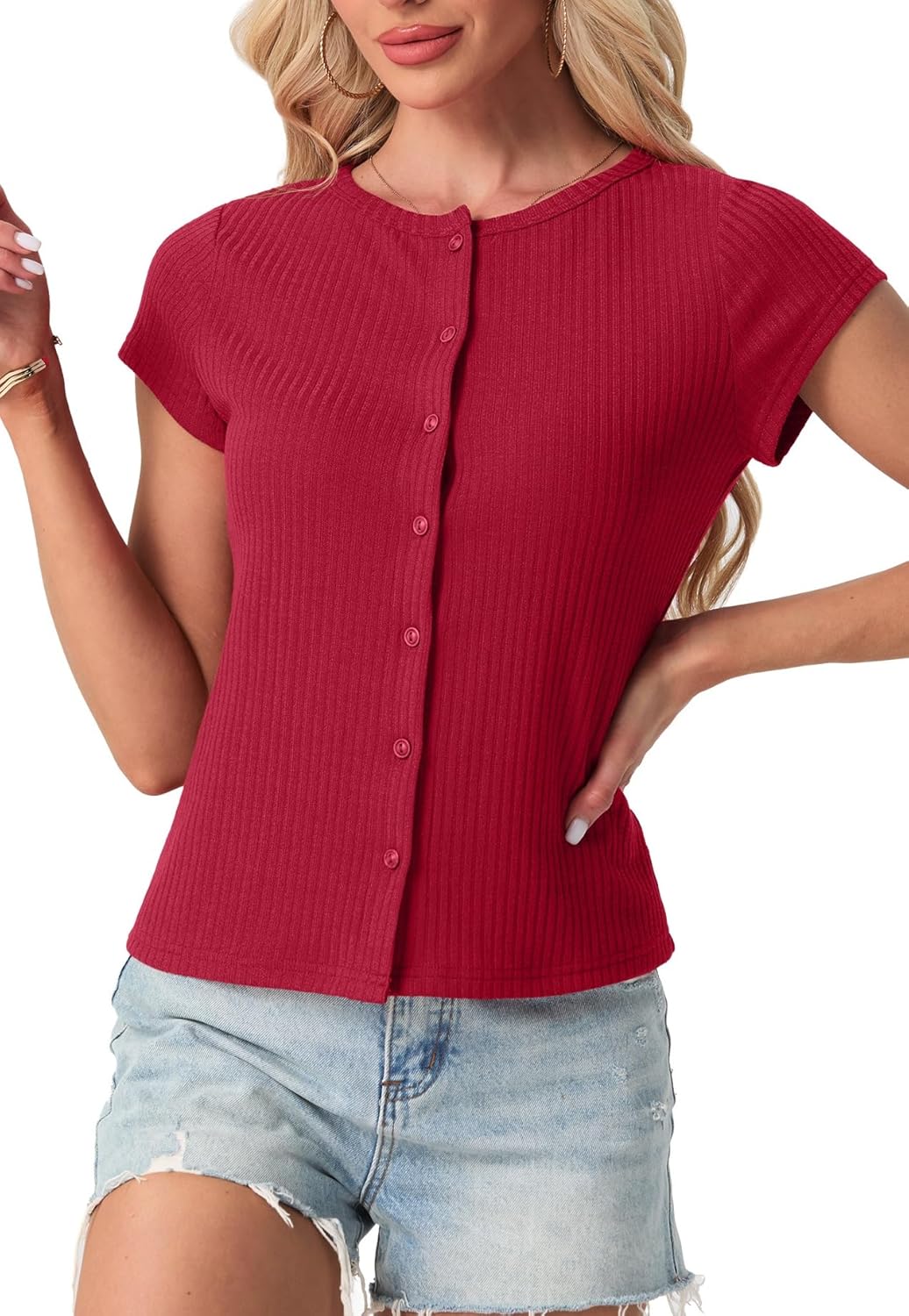 Womens Short Sleeve Shirts Casual Summer Ribbed Knit Tshirts Fitted Button Up Tops - Image 2