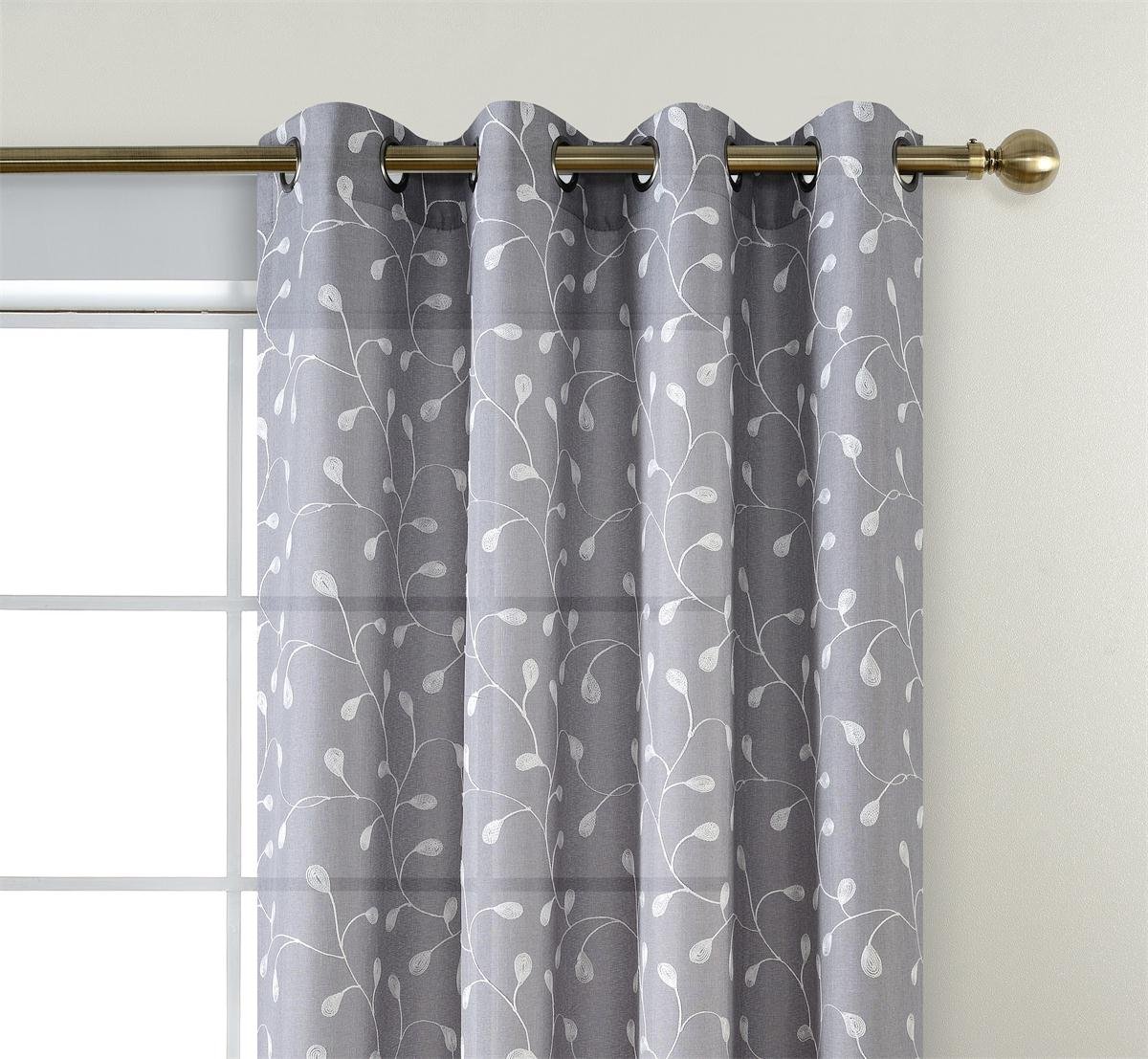 MIUCO Floral Embroidery Semi Sheer Curtains Faux Linen Grommet Curtains for Bedroom 52 x 63 Inch 2 Panels, Grey - Image 3