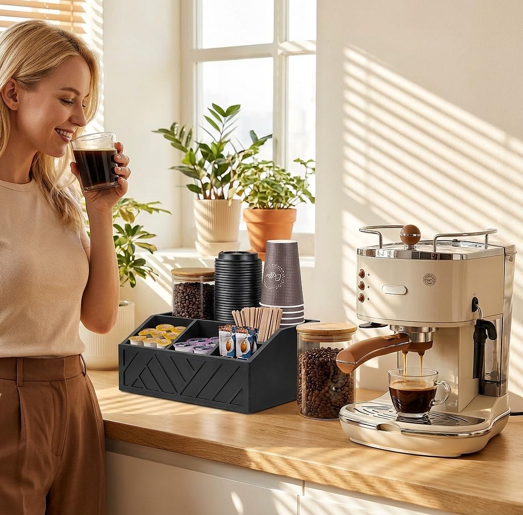 Coffee Station Organizer for Countertop, Wood Coffee Bar Organizer for Accessories, Coffee Pod Syrup Condiment Holder for Condiment, Farmhouse Tea and Condiment Holder for Decor Accessories