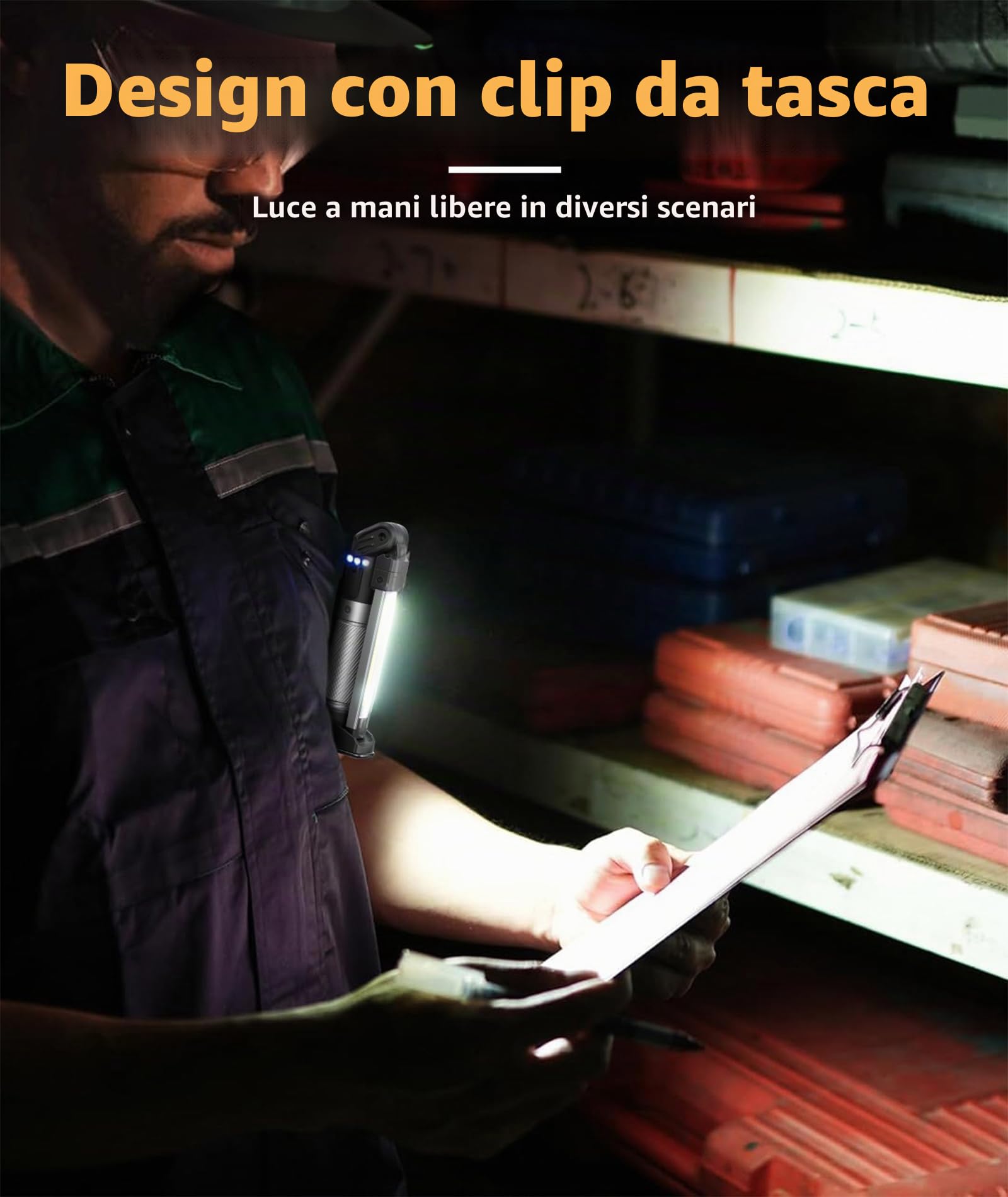HOTLIGH lampada da lavoro - 800 lumen torcia led ricaricabile con design pieghevole multifunzionale, 2200 mAh lampada officina, 3 modalità di illuminazione luce led ricaricabile, 1 confezione