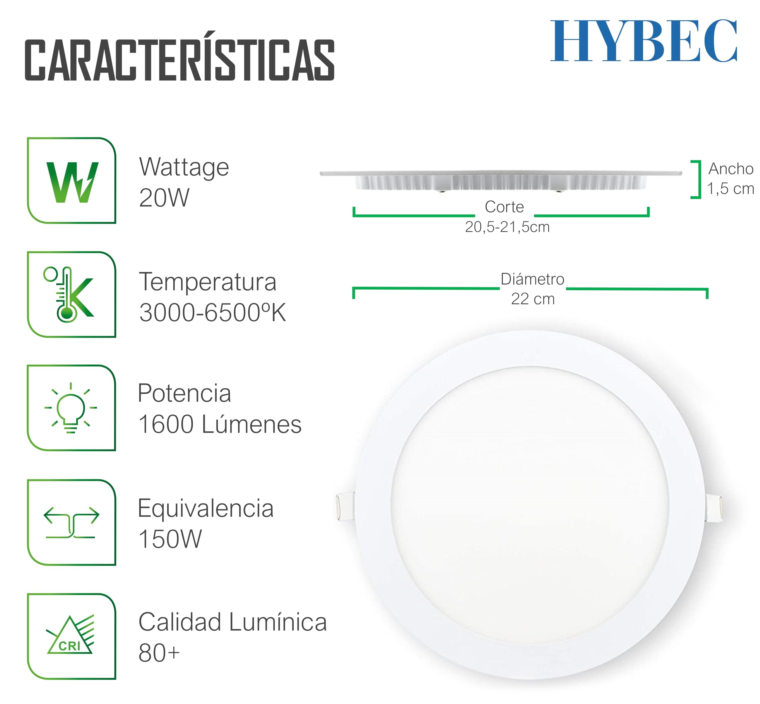 Downlight LED Techo Empotrable, Focos Interior Techo, Downlight LED 220mm, Focos Empotrables, 20W 6500ºK* (Pack 2)