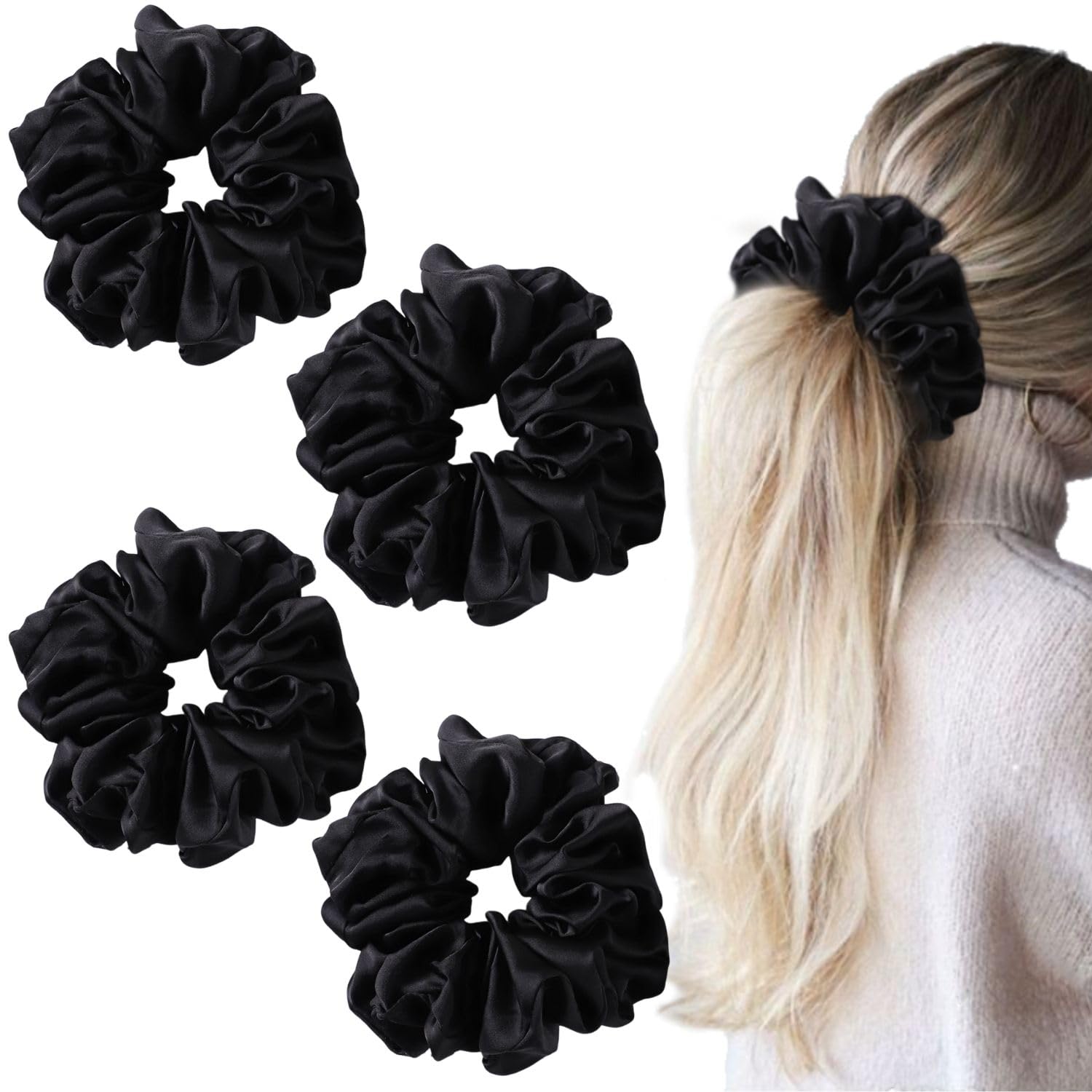 Big Satin Scrunchies - 4 PCS Oversized Jumbo Scrunchies for Curly & Thick Hair, No Damage