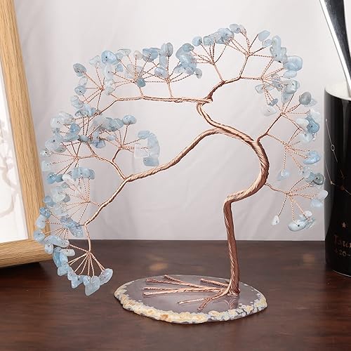 Miniatura 3 de rockcloud Árbol de dinero de cristal aguamarina con base de rebanada de ágata, árbol bonsái Lucky Feng Shui para decoración del hogar de oficina,