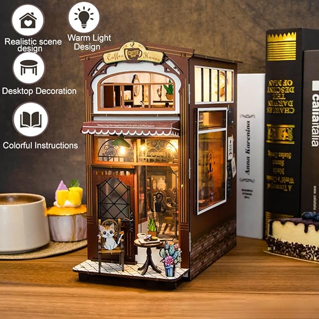 Foto 5 de 7 de TOPBSFARNY Kit de rincón de libros de bricolaje, Cafe Mini modelo arquitectónico 3D