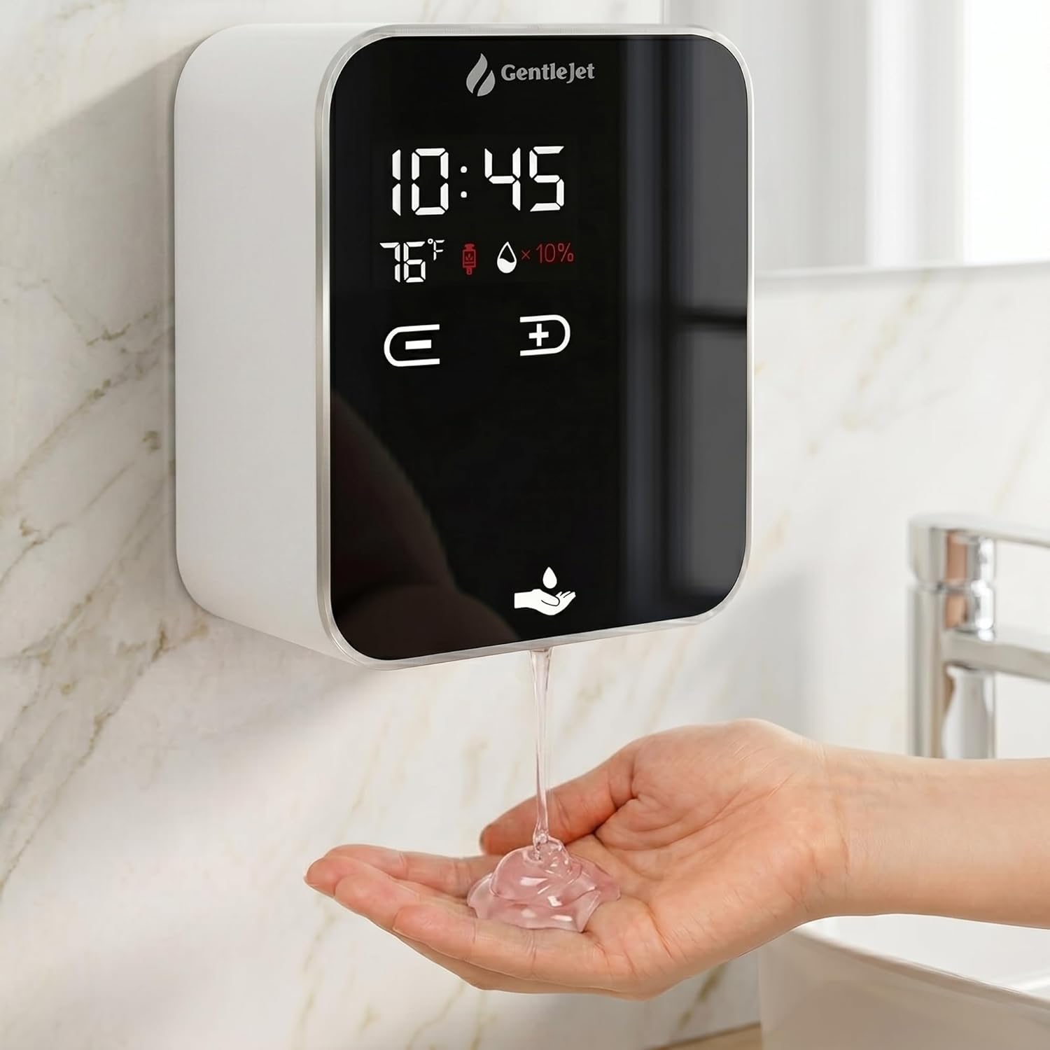GentleJet AuraJet Automatic Liquid Soap Dispenser Wall Mount – Touchless Sensor, LED Display, 5 Adjustable Levels, Rechargable USB-C or Battery Powered, Aluminum Alloy, 480 ml Refillable