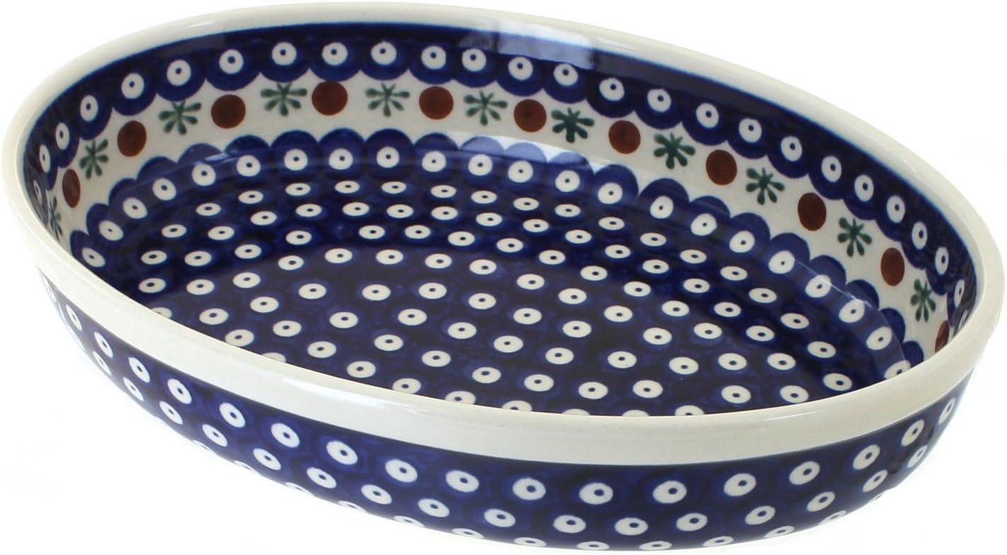 Blue Rose Polish Pottery - Blue Nature Small Oval Baker - 11" x 7.5" - Unique, Dishwasher Safe, & Durable Bakeware