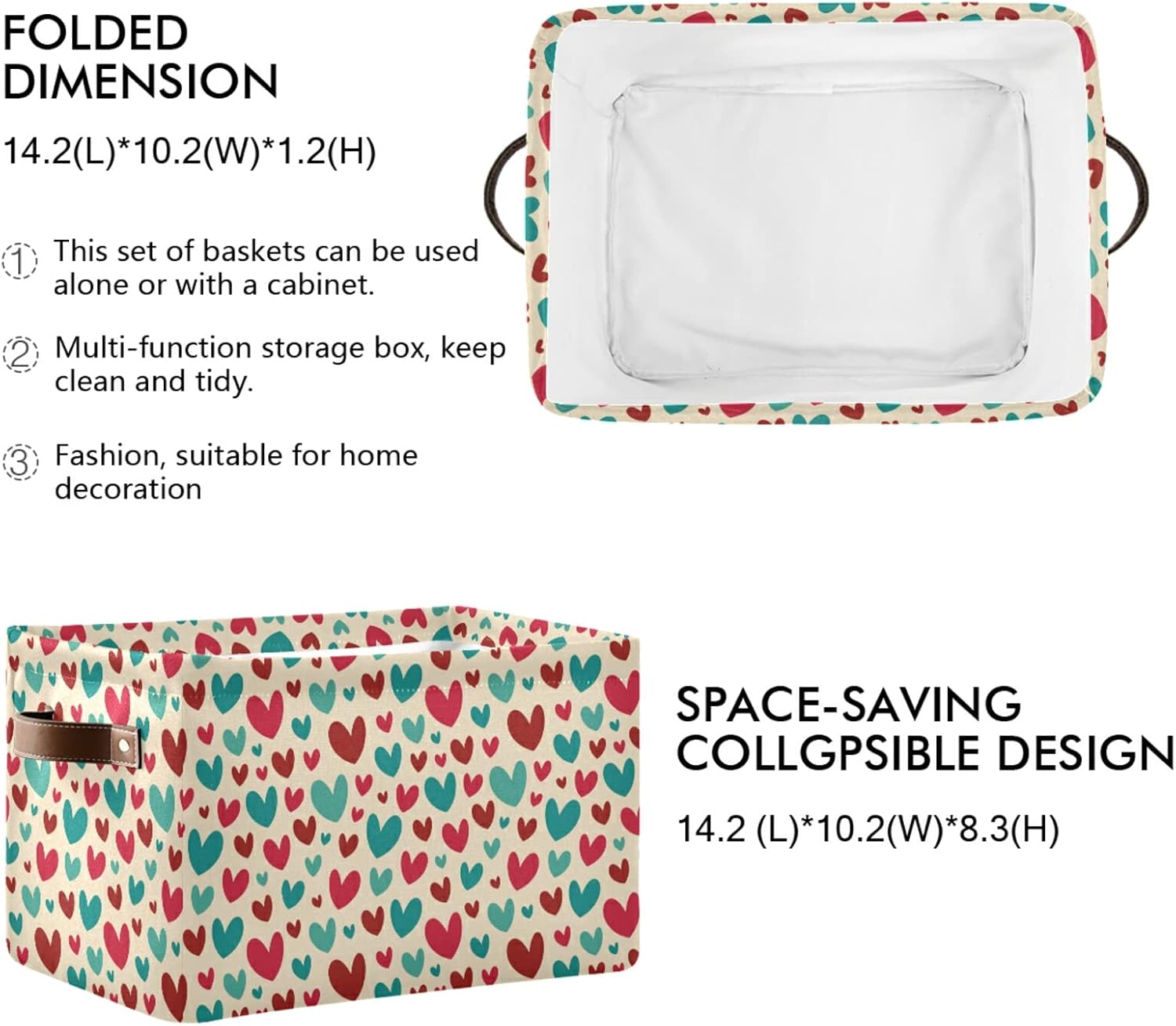 Bolaz Large Storage Basket Vintage Teal Red Cute Hearts Foldable Storage Box Organizer Bins with Handles for Bedroom Home Office