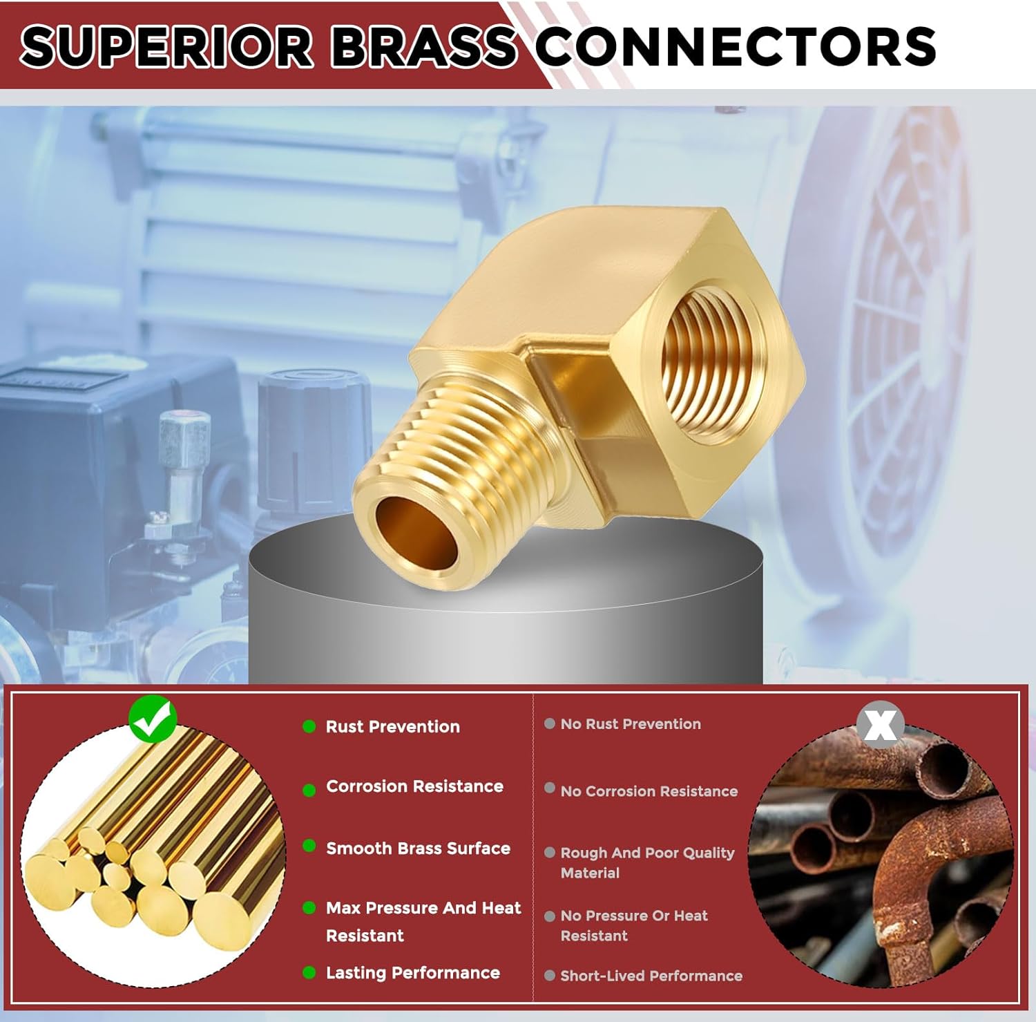 Packs of 5, 90 Degree 1/8" FeMale NPT to 1/8" Male NPT Solid Brass Barstock Street Elbow, Forged Pipe Fitting for Pipe Leak Repair, Bathroom Remodeling, Tool Extension, Compression