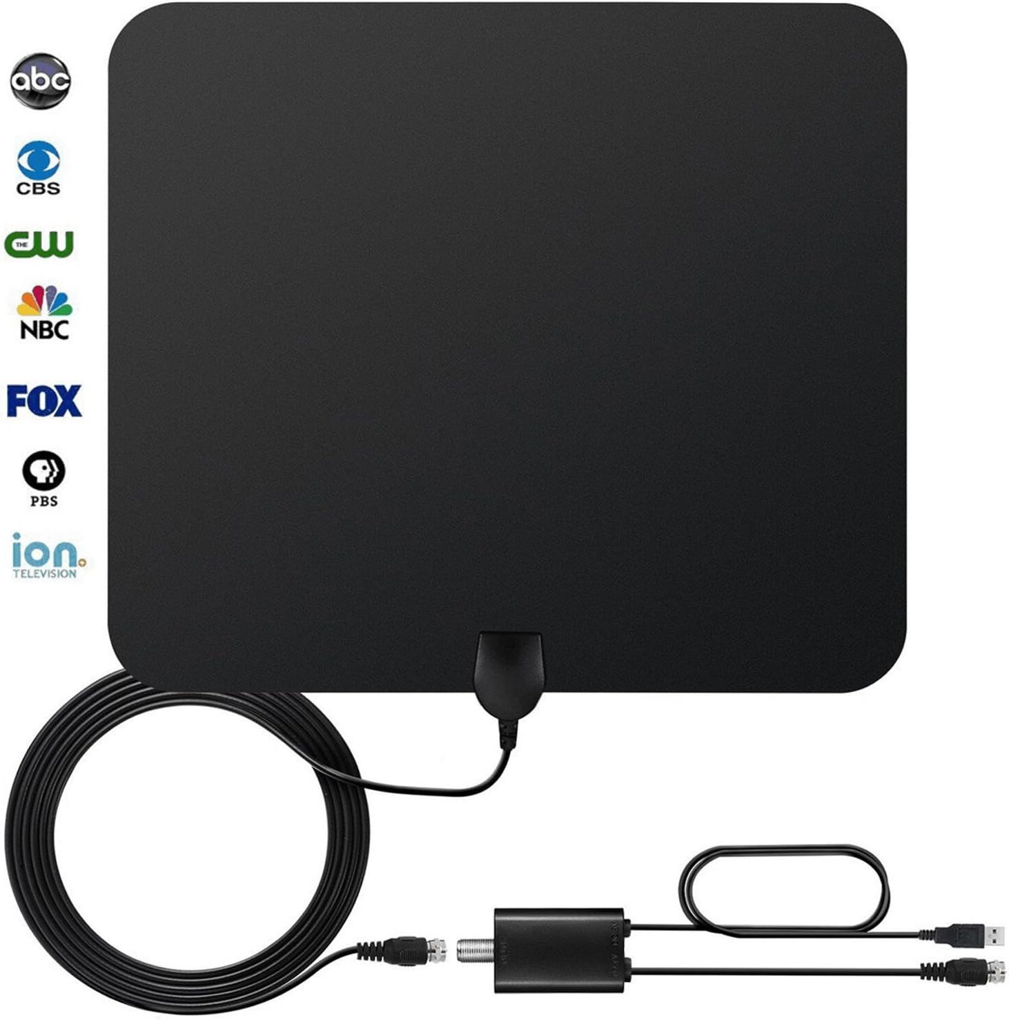 HDTV Antenna, StarTV 50 Miles Range for Digital TV Indoor with Detachable Amplifier Signal Booster and 9.8ft Highest Performance Coax Cable - Upgraded Version - Thin-Super & Lightweight - Black