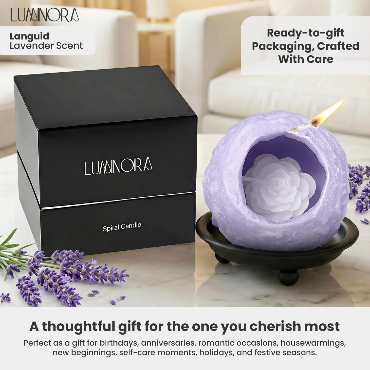LUMINORA Spiral Scented Candle for Women & Men | Hand-Crafted Decorative Soy Wax Candle | Decor Wick Flower | Unique Twisted Spiral Burn Design | Aromatherapy Candle | Languid | (Lavender Scent)