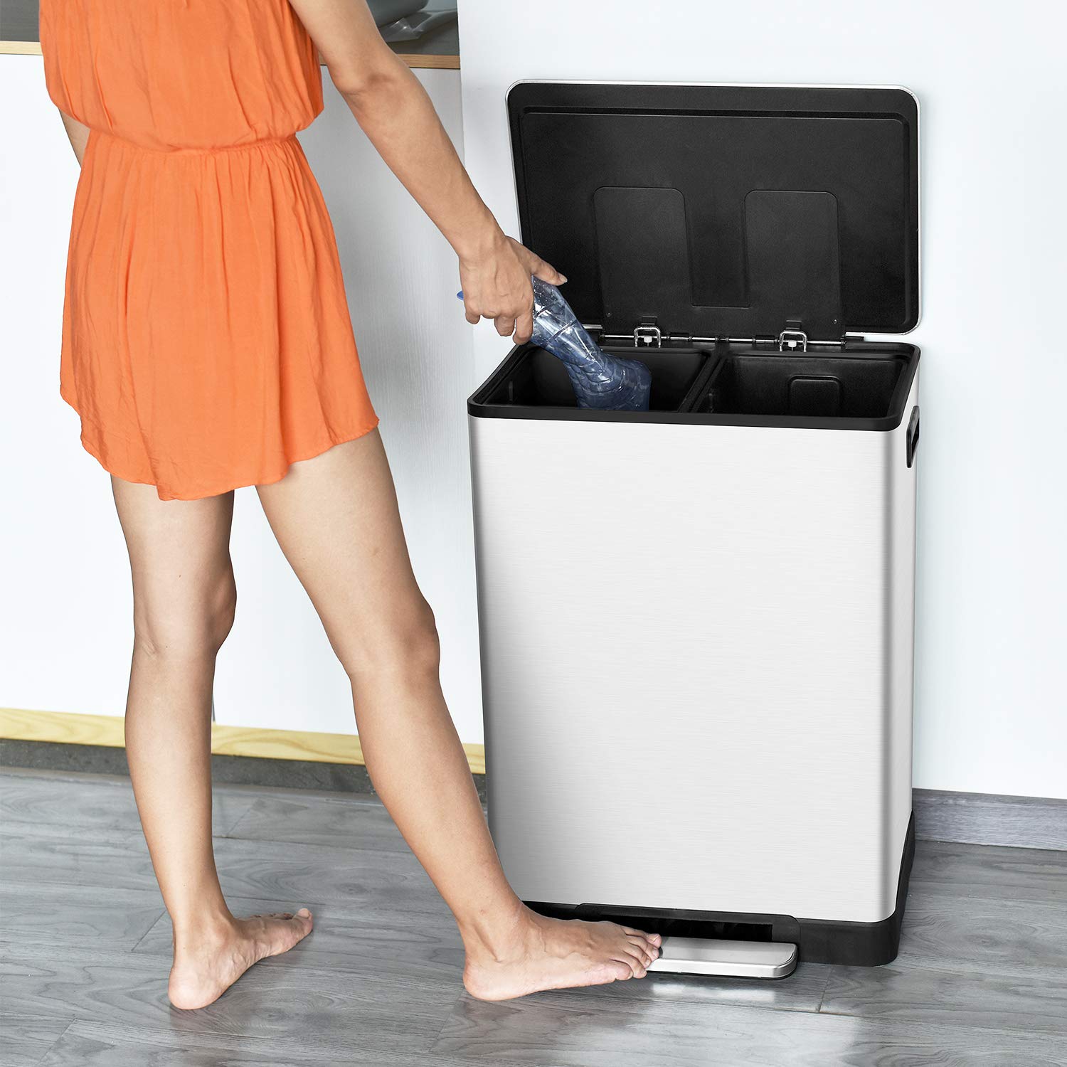 ToiletTree Products Stainless Steel 16 Gallon Trash Can - Durable Dual Trash Can for Garbage and Recycling - Stainless Steel Trash Bin for Household Cleaning - Stainless Steel