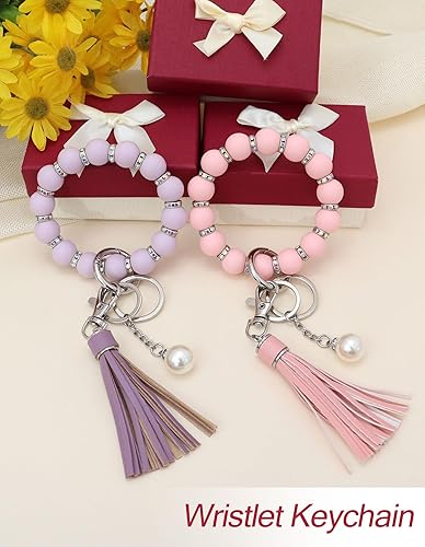 Miniatura 6 de Panny & Mody Llavero de silicona con circonita plateada brillante y borla de cuero para mujer, regalo