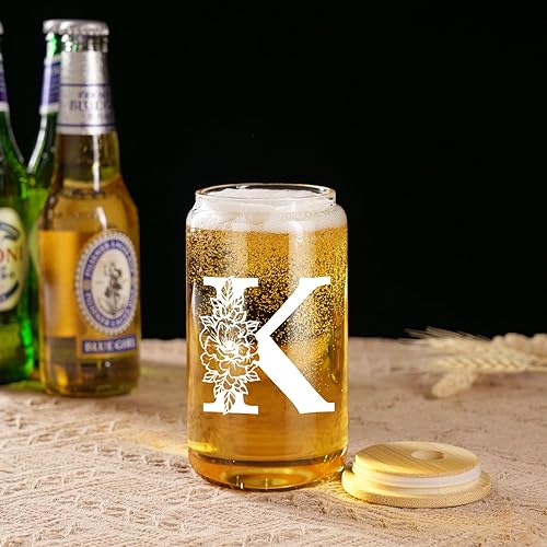 Miniatura 6 de Coolife Vaso de vidrio con inicial, regalos con monograma para mujer, tazas de vidrio de 16 onzas con tapas y pajitas, vaso de cerveza para batido