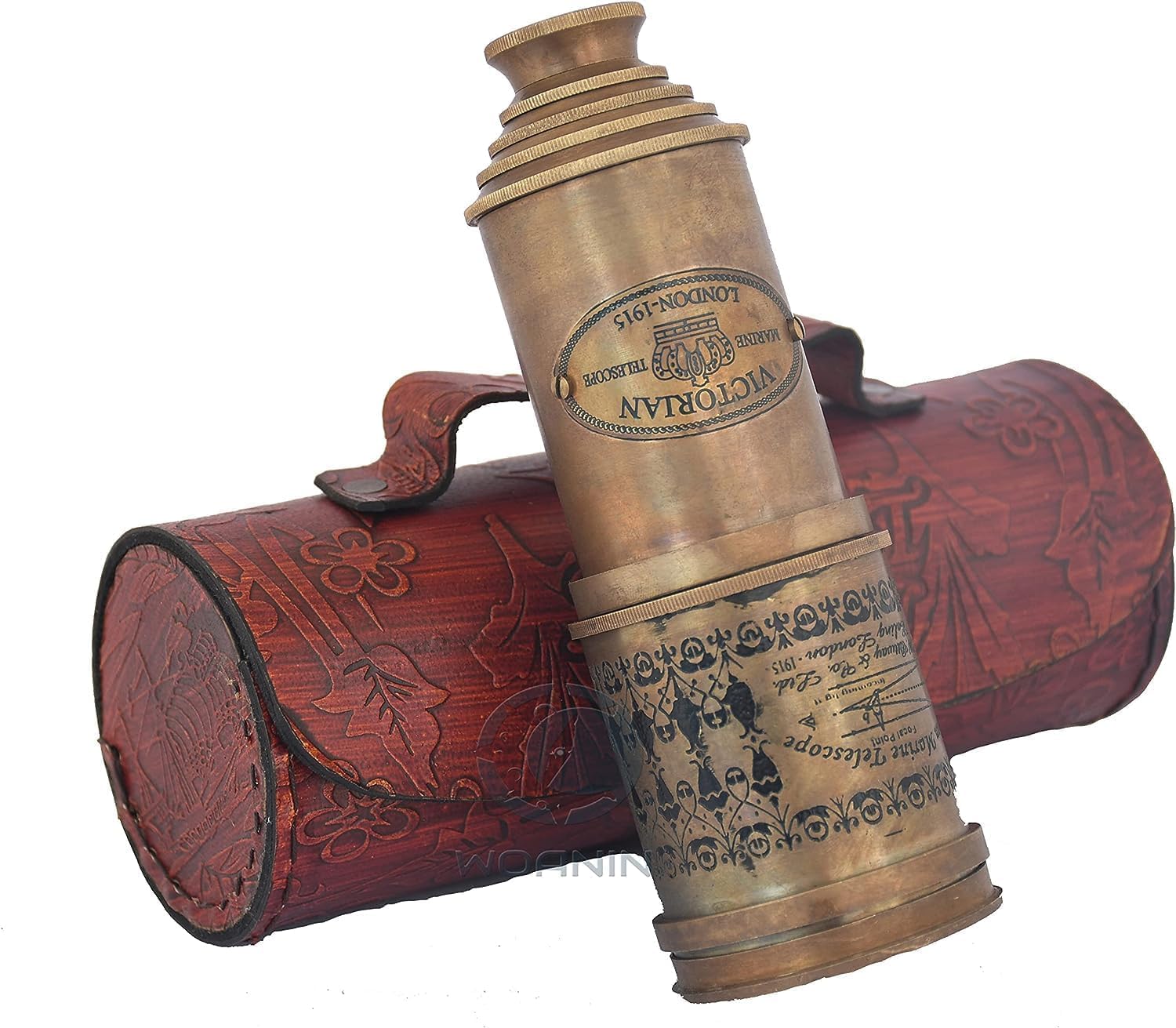 Brass Telescope Antique Telescope 1915 London Brass Maritime Vintage Nautical Spyglass Mounted Pirate with Leather Box, Monocular Nautical Decor for Gifting, Travellers