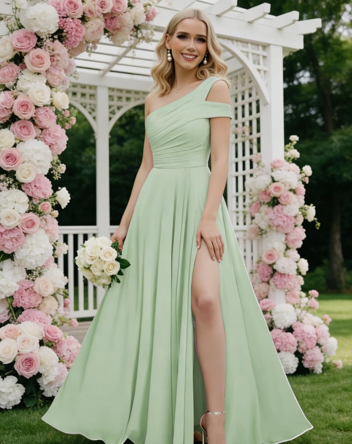 One Shoulder Bridesmaid Dress for Women Long A Line Ruched Chiffon Formal Party Dress with Slit MT004
