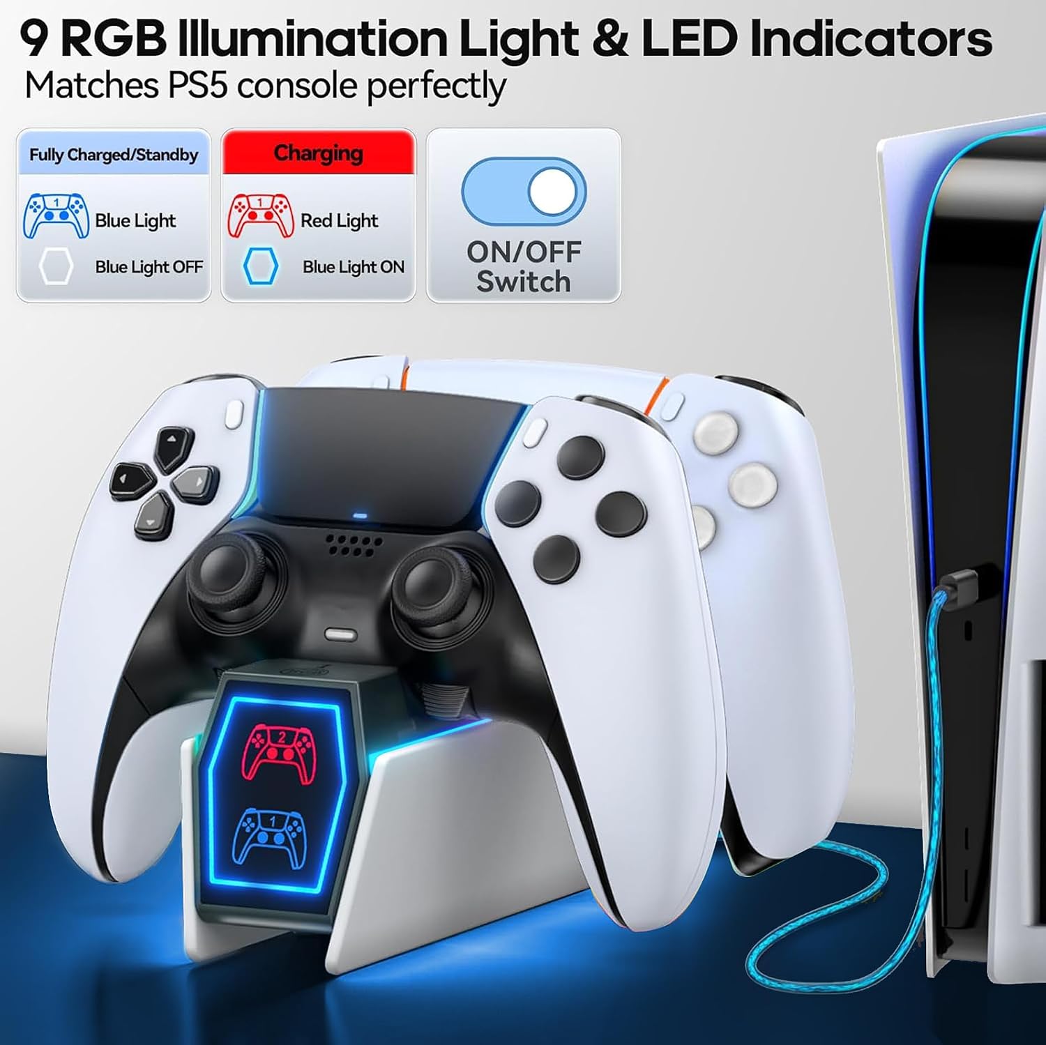 PS5 Controller Charging Station with 9 RGB LED Lights, PS5 Charger Station Compatible with PlayStation Console Skin Original & Edge Controller, PS5 Controller Accessories Charging Dock Stand