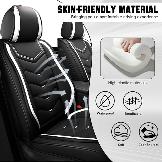 Car Seat Cover for KIA Cadenza 2014-2020, Seat Covers Full Set,Non-Slip Waterproof seat Cover,Wear-Resistant Nappa Leather car seat Covers. (Standard 5 Seats/Black White)