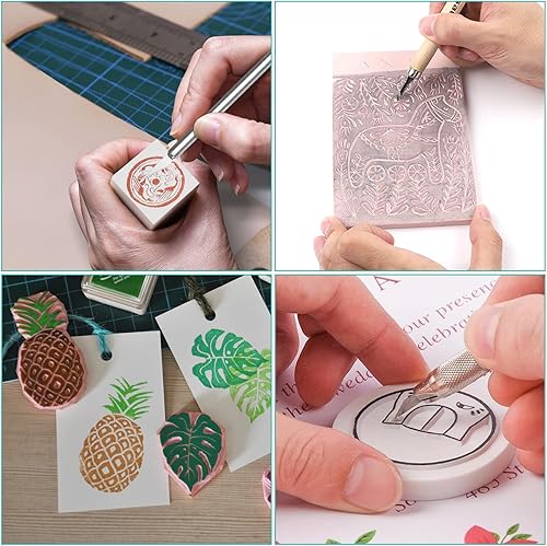 Miniatura 7 de DIRBUY 12 bloques de linóleo para impresión de 4 x 6 pulgadas, bloques de goma, suaves y fáciles de tallar (rosa, verde, cuchillo de manualidades