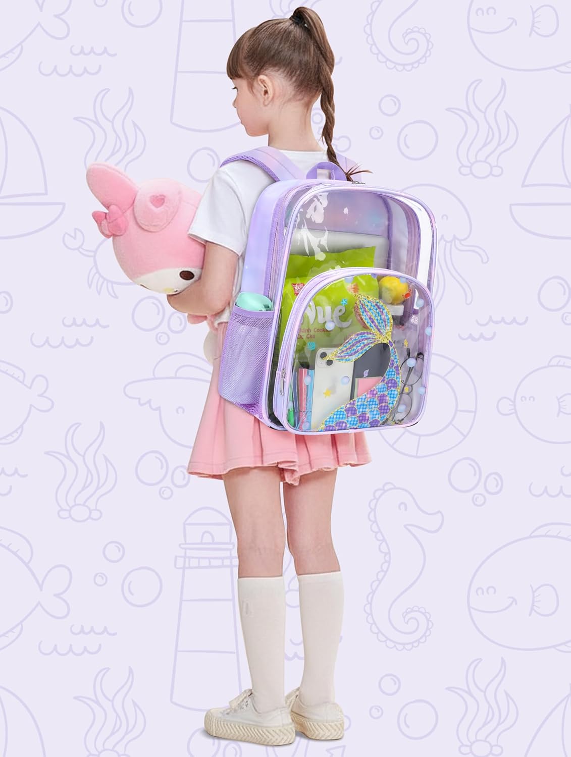 BLUEFAIRY Clear Backpack for Girls 17 Inch School Book Bag Stadium Approved Heavy Duty PVC See Through Bag Large Transparent Bookbag for Kids Travel Work Events (Tail Purple) - Image 3