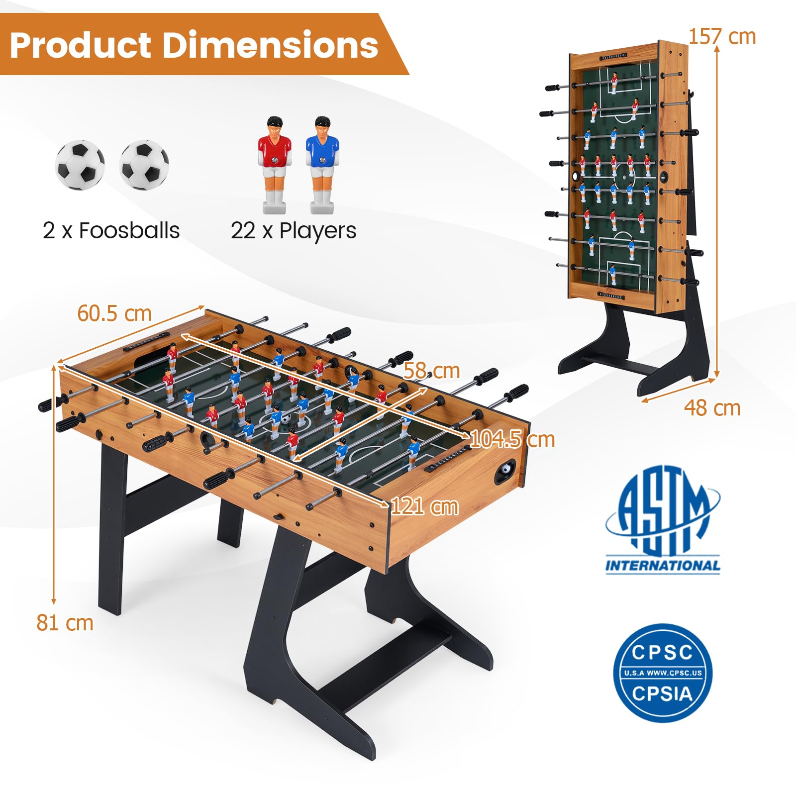 FANTASK Babyfoot Pliable en Bois avec 2 balles, 2 compteurs de Points et 22 Figurines, Table de Baby-Foot pour 2 à 4 Joueurs, Ballon de Baby-Foot Peu encombrant, Table de Jeu pour Enfants et Adultes